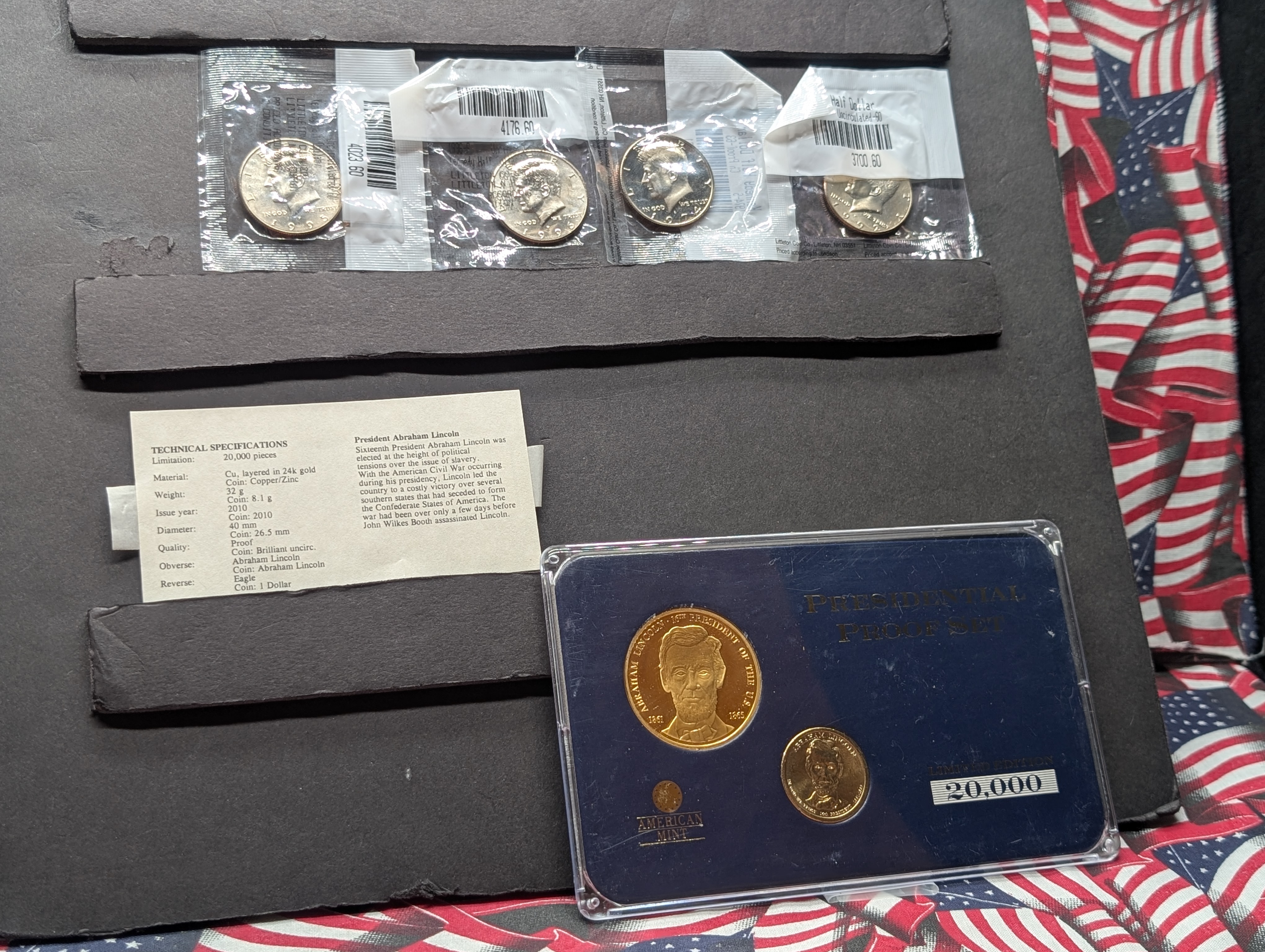 (4) Kennedy Half Dollars & Lincoln Presidential Dollar Proof Set W/ Medal, - Includes 1974-S, 1992-P, 1995-P, 1996-P Kennedy Half Dollars