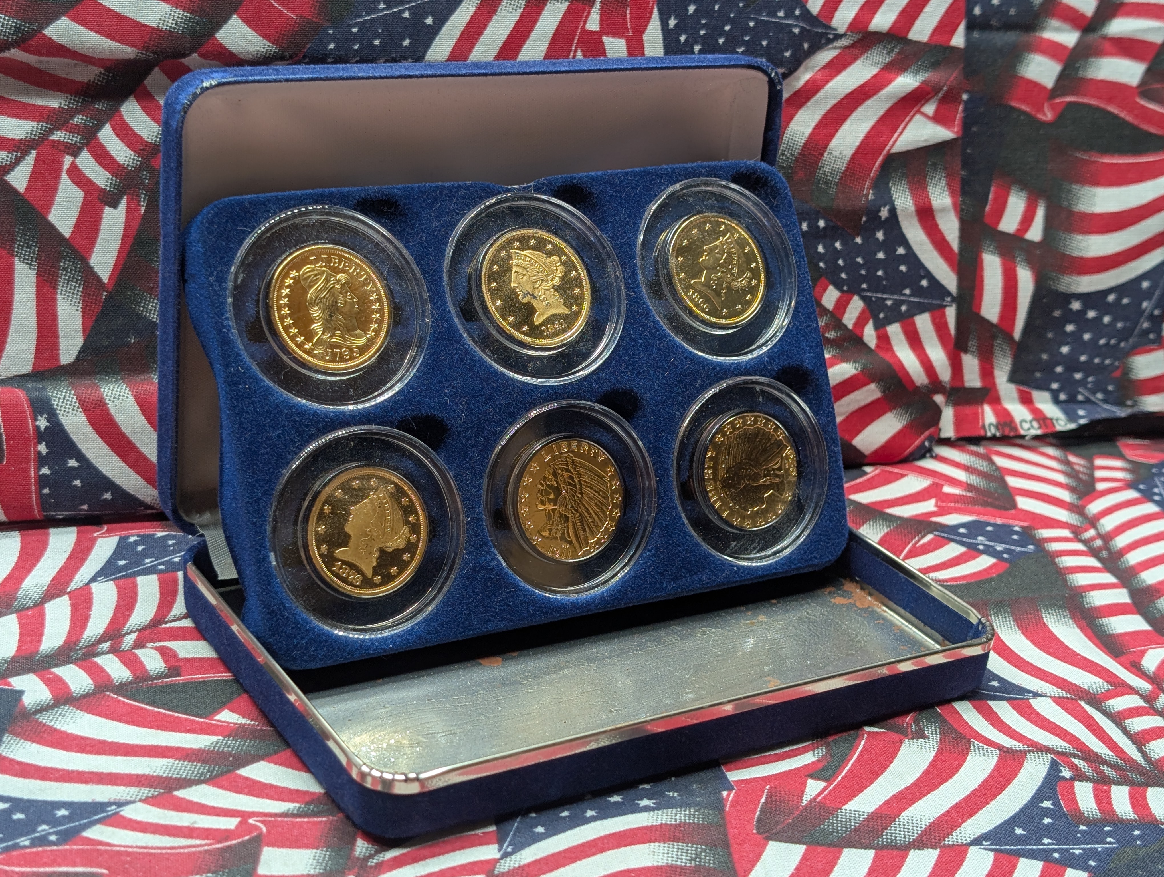 (6) Assorted Gold Layered Copy Copper Coins in Case
