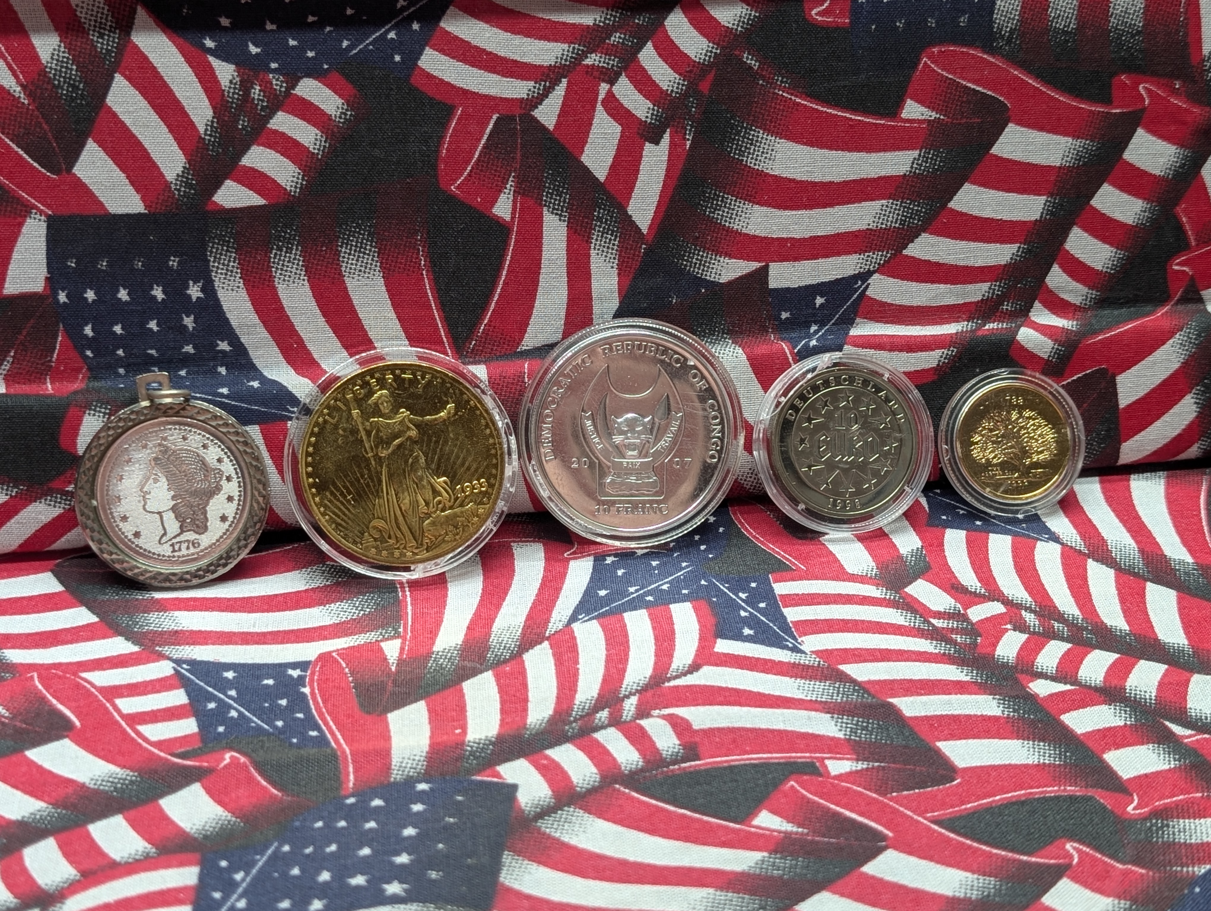 (5) Assorted Coins & Tokens - Including 24kt Gold Plated Eagle & Coin in Bezel