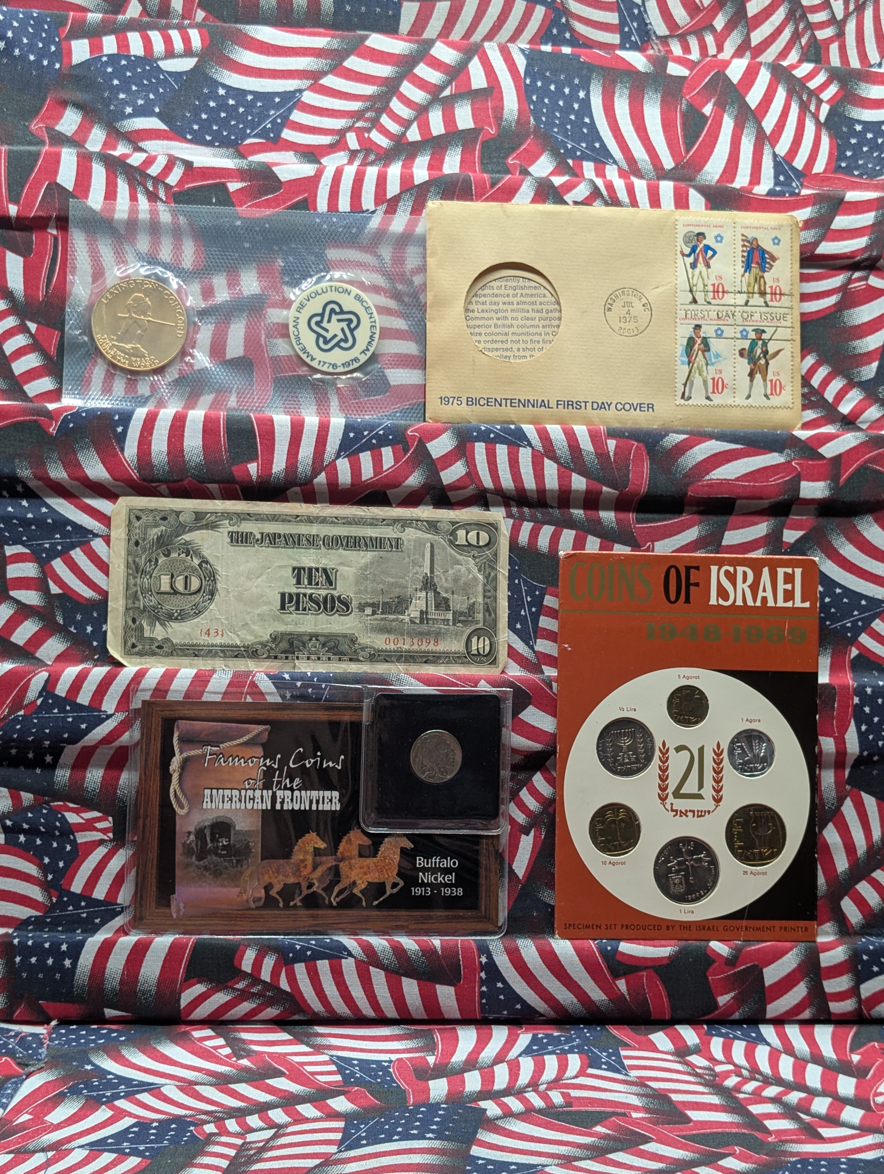 Assorted Coins & Currency Items - Includes 1975 Bicentennial Coin, Famous Coins of the American Frontier, Ten Pesos Bill, Foreign Specimen S
