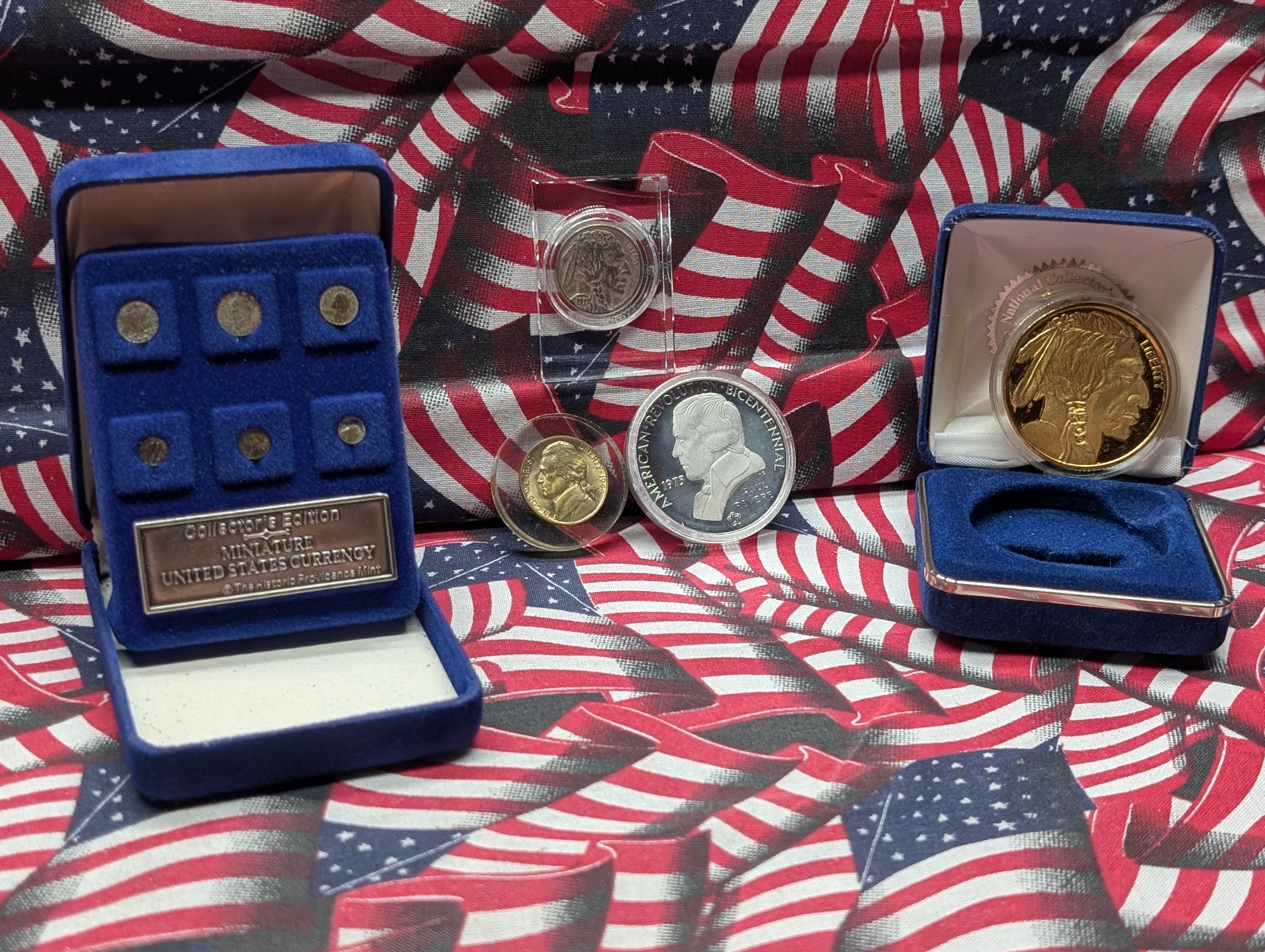 Sterling Miniature United States Currency, Gold Plated Copper Buffalo Coin - Plus 3 Other Coins/Medals