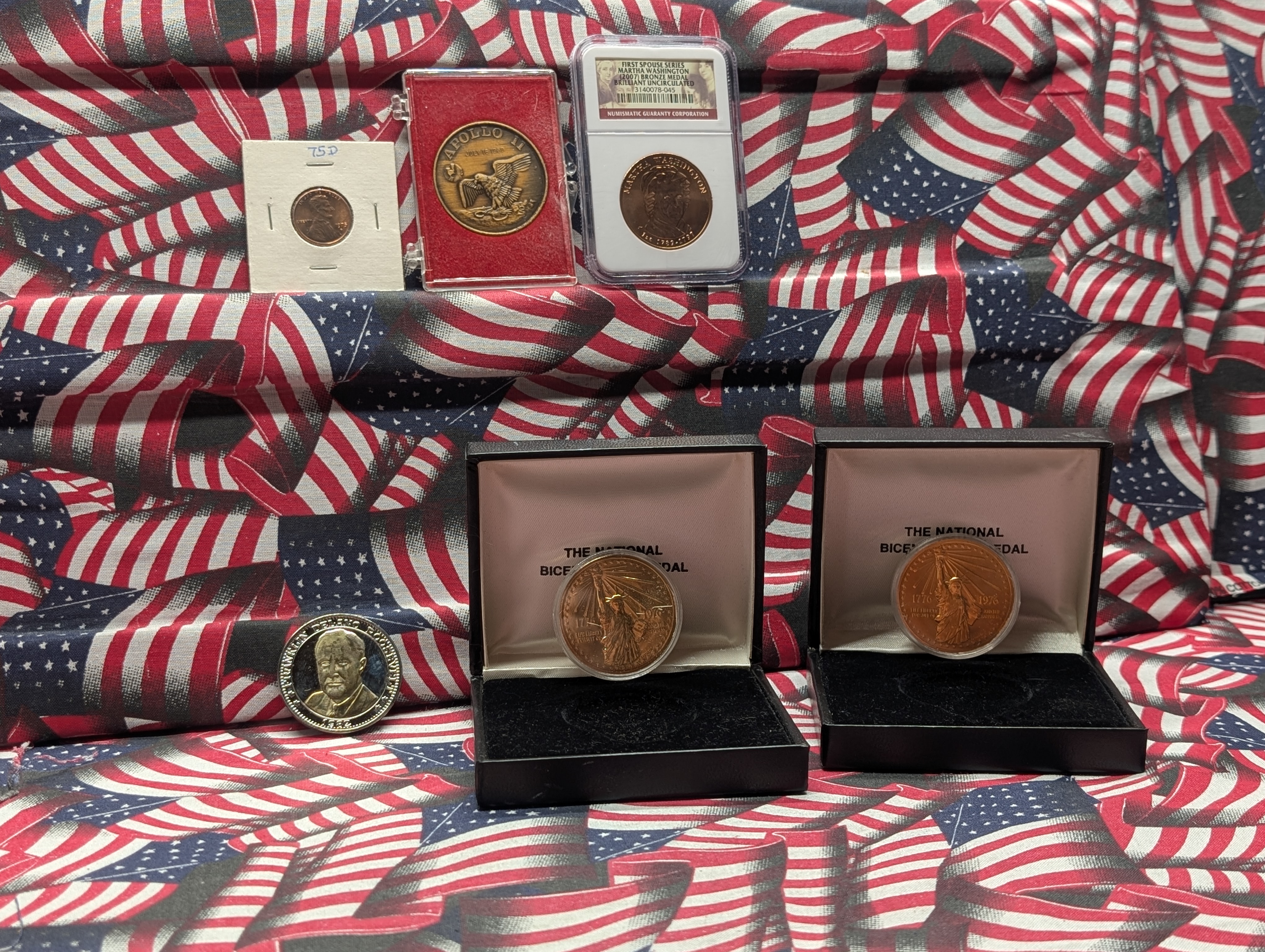 Martha Washington Bronze Medal, 1975-D Penny, 2 Bicentennial Medals, 6 Coins and Medals