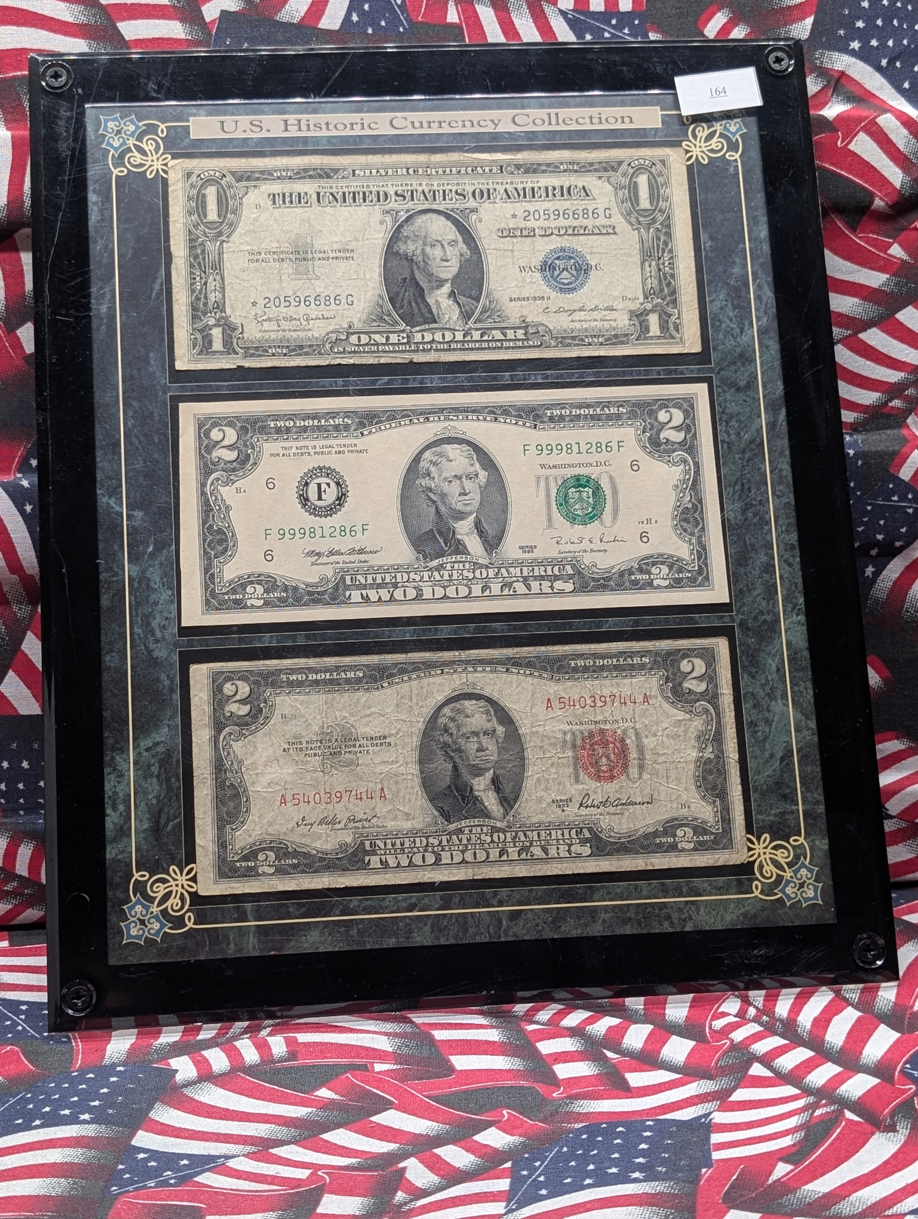 U.S. Historic Currency Collection, 1935 H Series Star Note $1 Silver Cert, 1995 Series $2 Note, & 1953 A Series $2 Red Seal Note