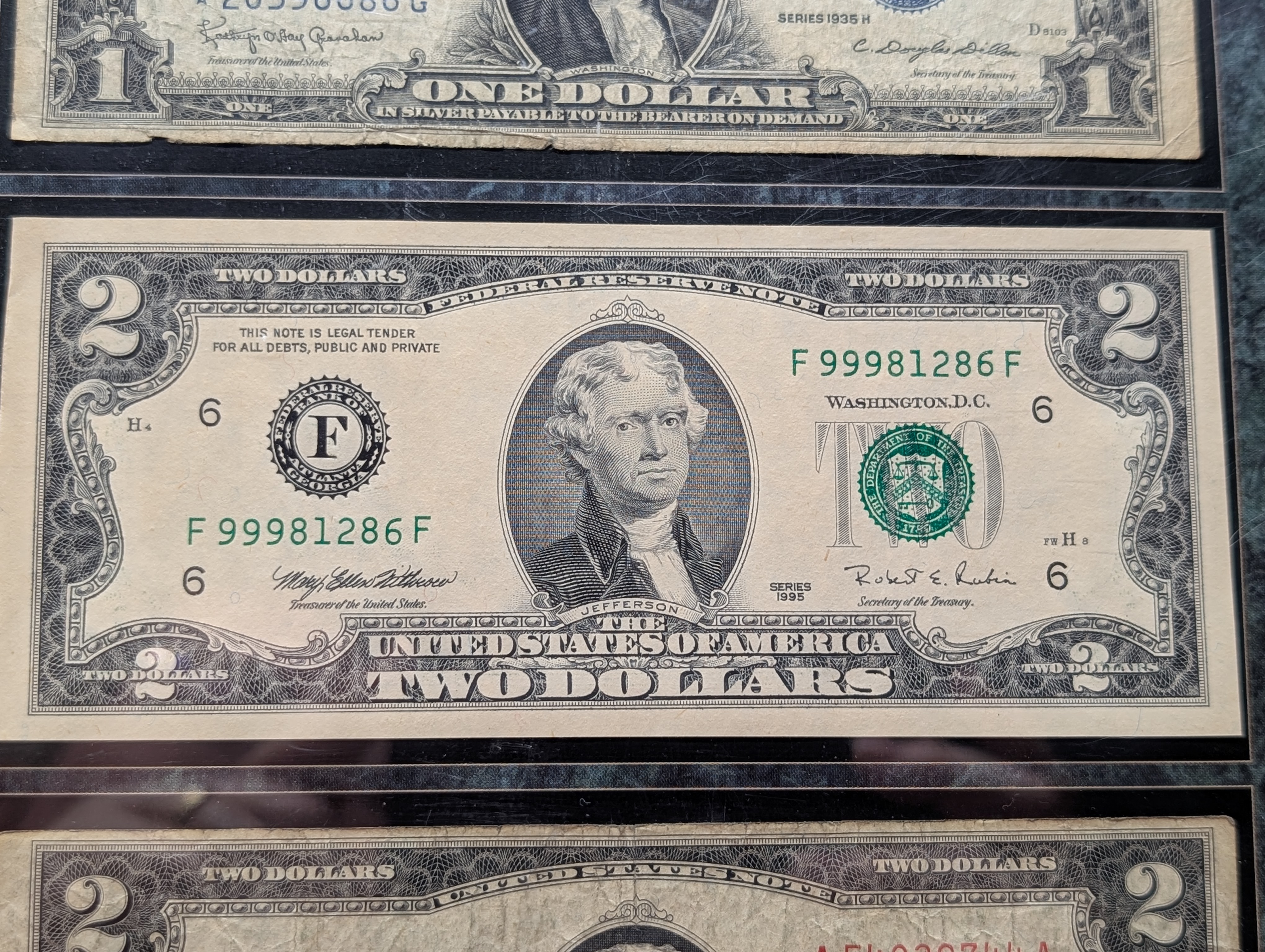 U.S. Historic Currency Collection, 1935 H Series Star Note $1 Silver Cert, 1995 Series $2 Note, & 1953 A Series $2 Red Seal Note