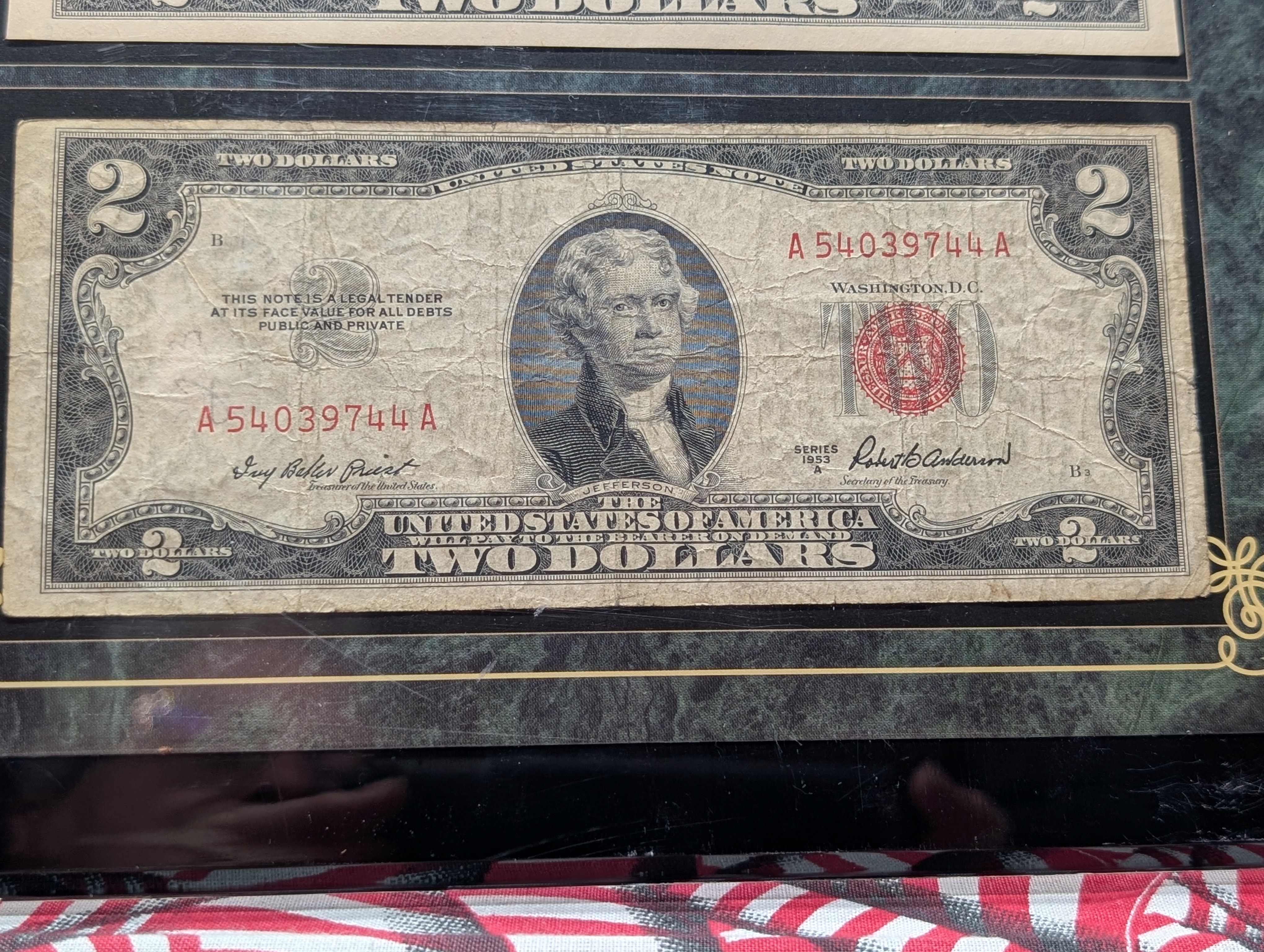 U.S. Historic Currency Collection, 1935 H Series Star Note $1 Silver Cert, 1995 Series $2 Note, & 1953 A Series $2 Red Seal Note