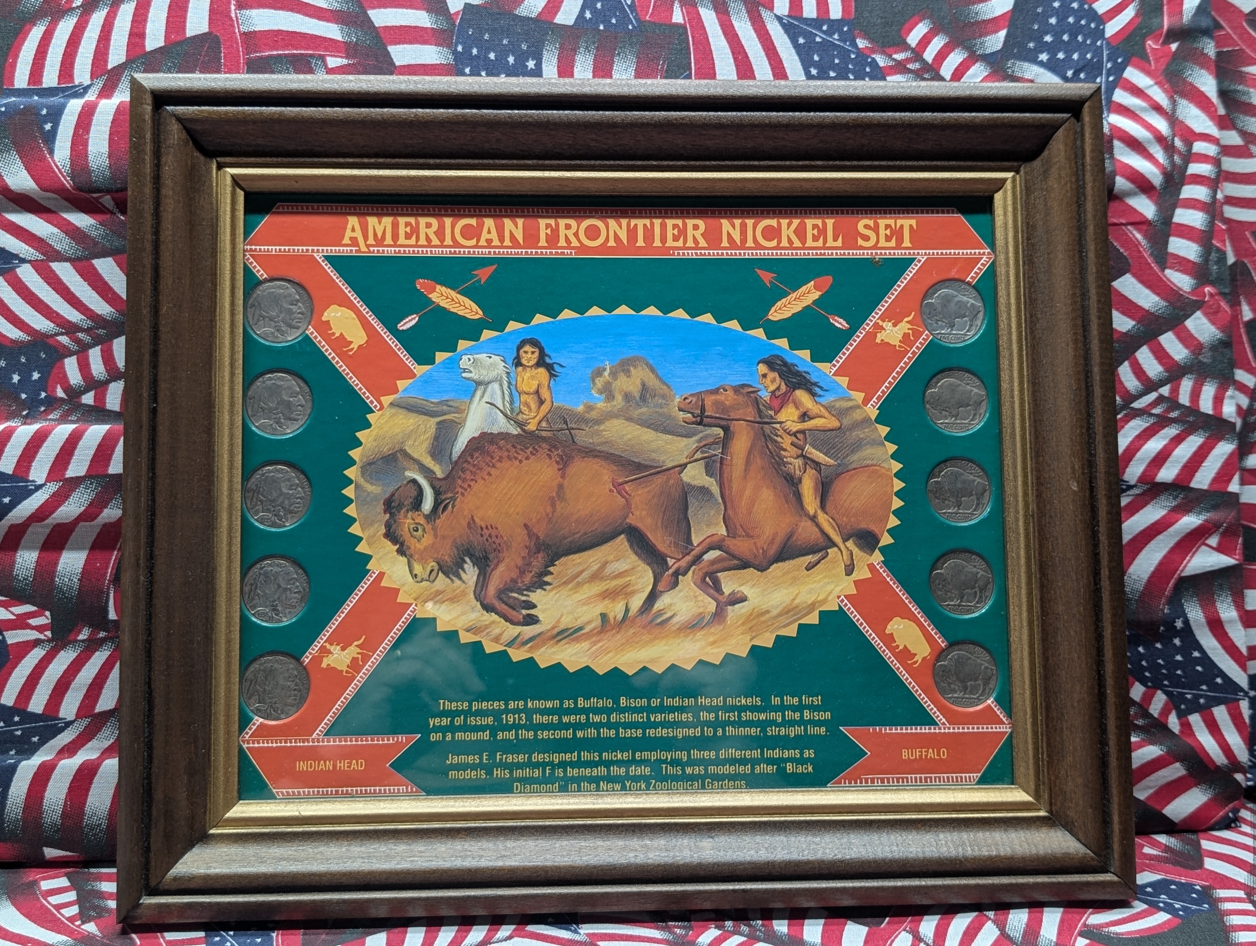 American Frontier Nickel Set - 10 Coin Indian Head Buffalo Nickel Collection, Framed