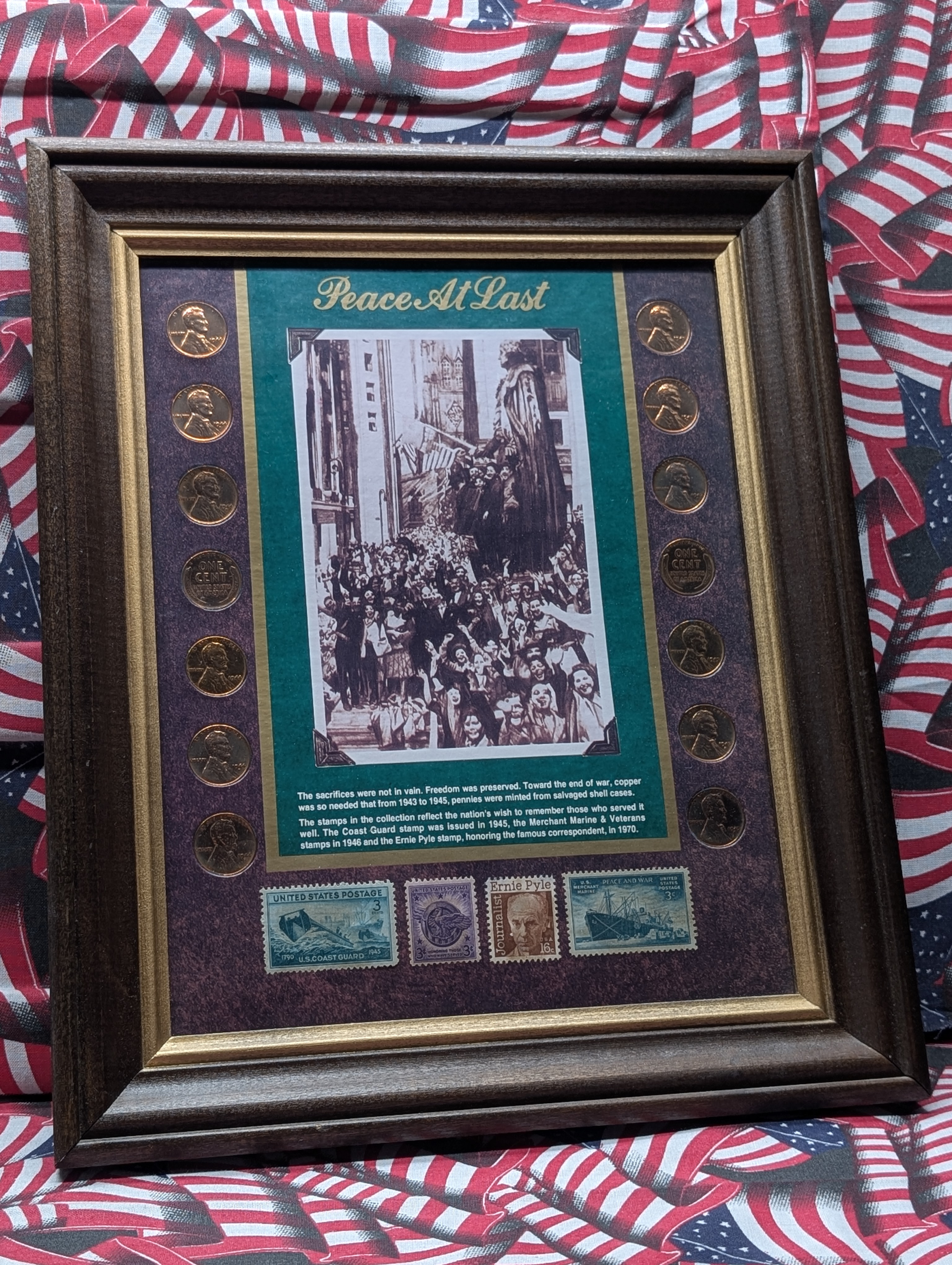 Peace At Last Lincoln Wheat Cent Collection - 14 Coins, 4 Stamps, Framed