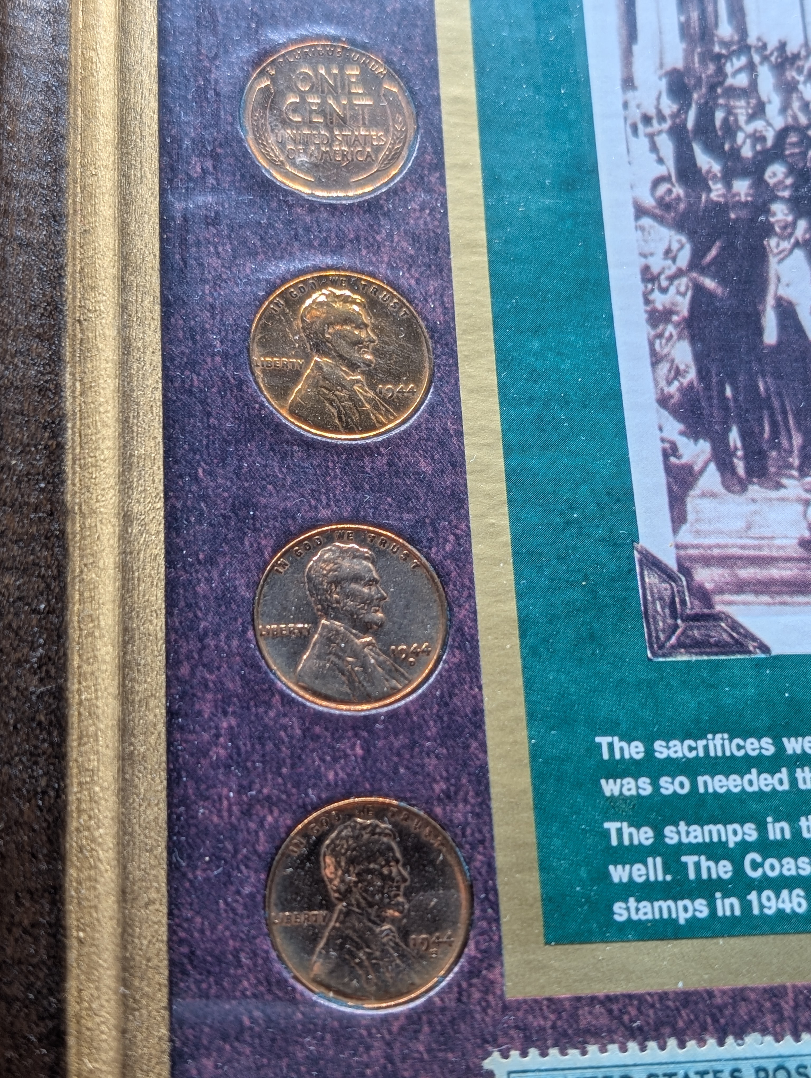 Peace At Last Lincoln Wheat Cent Collection - 14 Coins, 4 Stamps, Framed