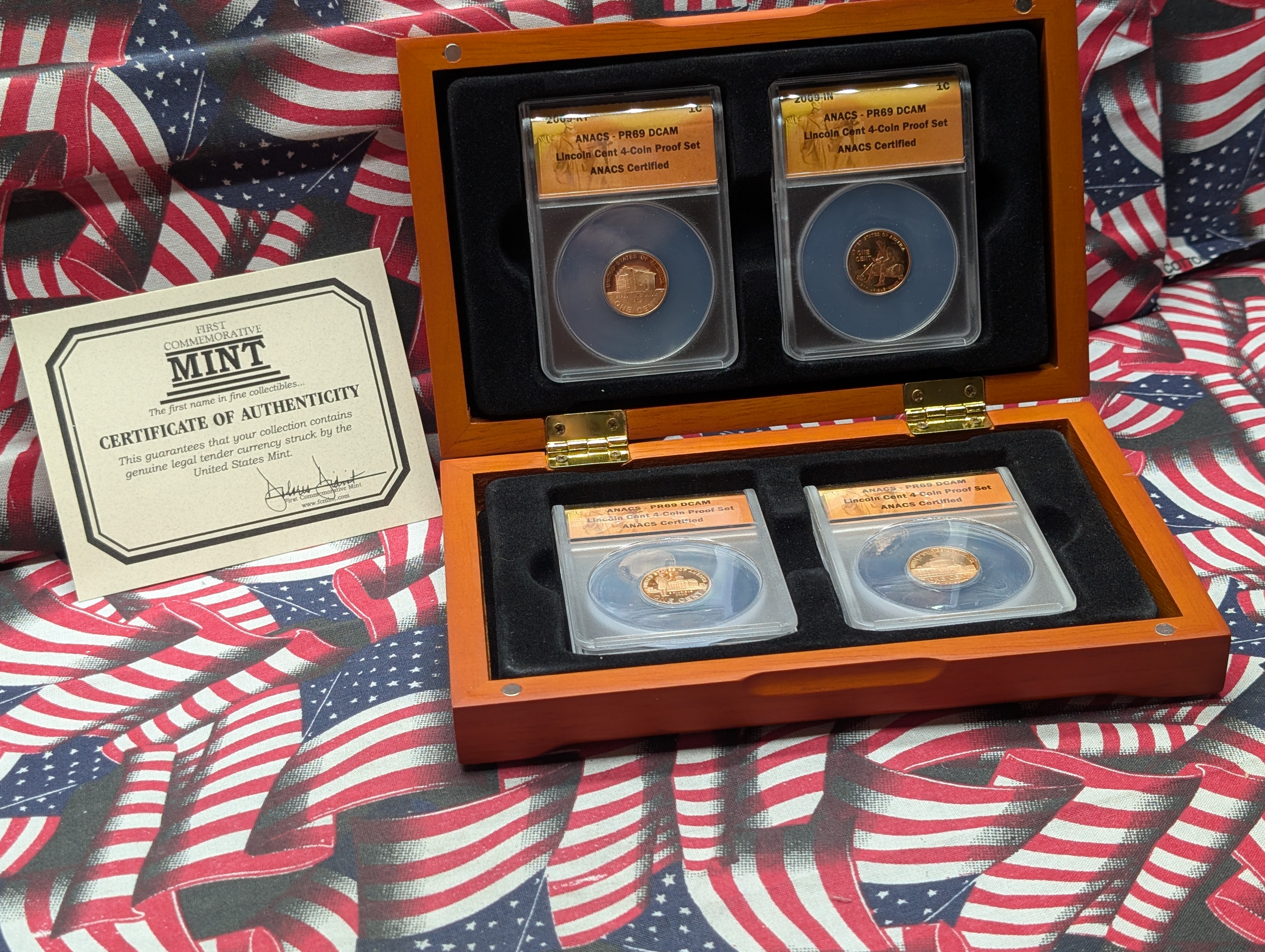 2009-S Lincoln Cent 4-Coin Proof Set, ANACS- PR69 DCAM in Wood Box