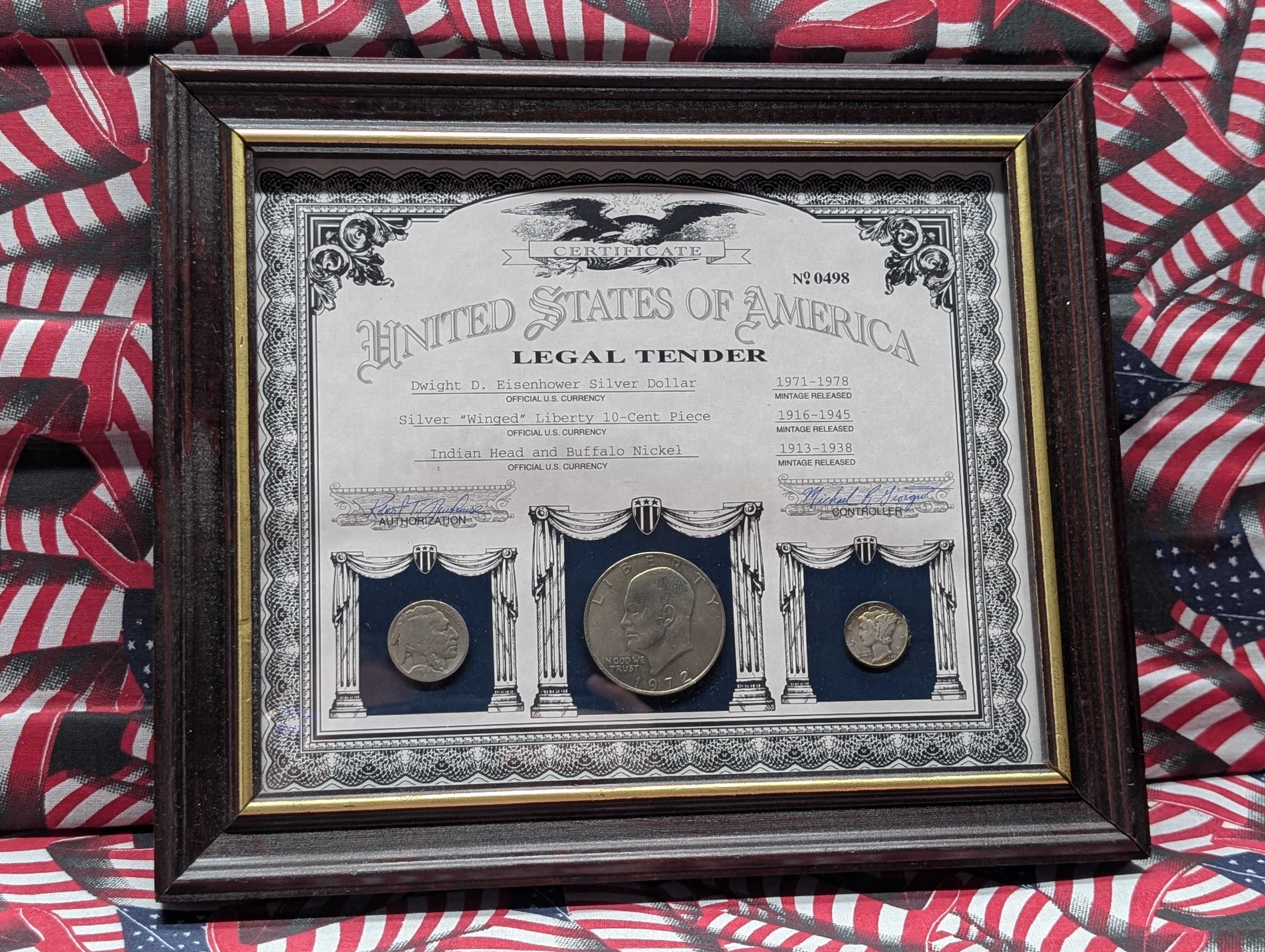 U.S. Legal Tender Collection - 1934 Buffalo Nickel, 1972 Eisenhower Dollar, 1944 Mercury Dime, Framed in U.S. Comm. Fine Art Gallery