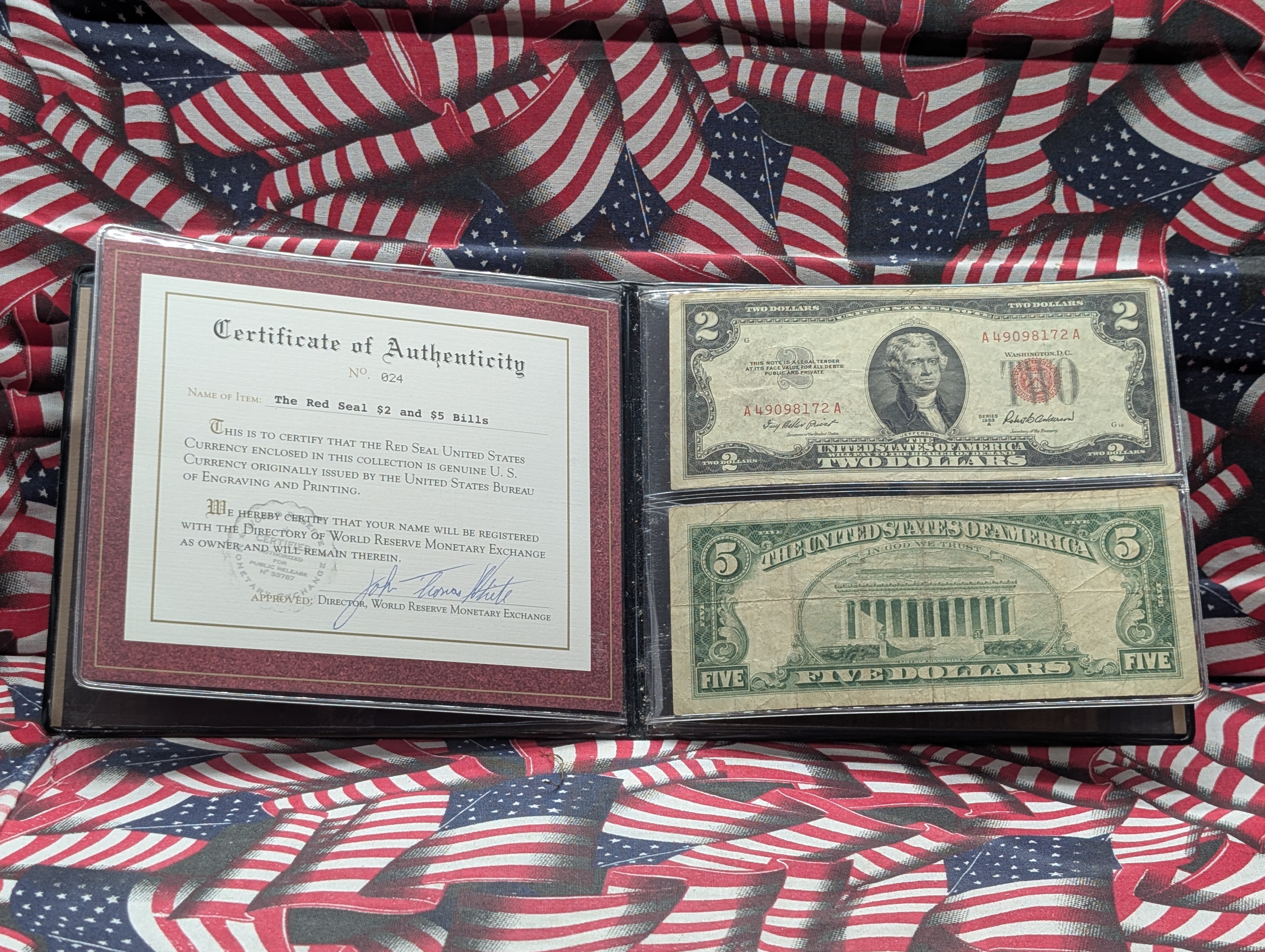United States Red Seal Currency Collection - 1953 A Series $2 & 1963 Series $5 Note with COA