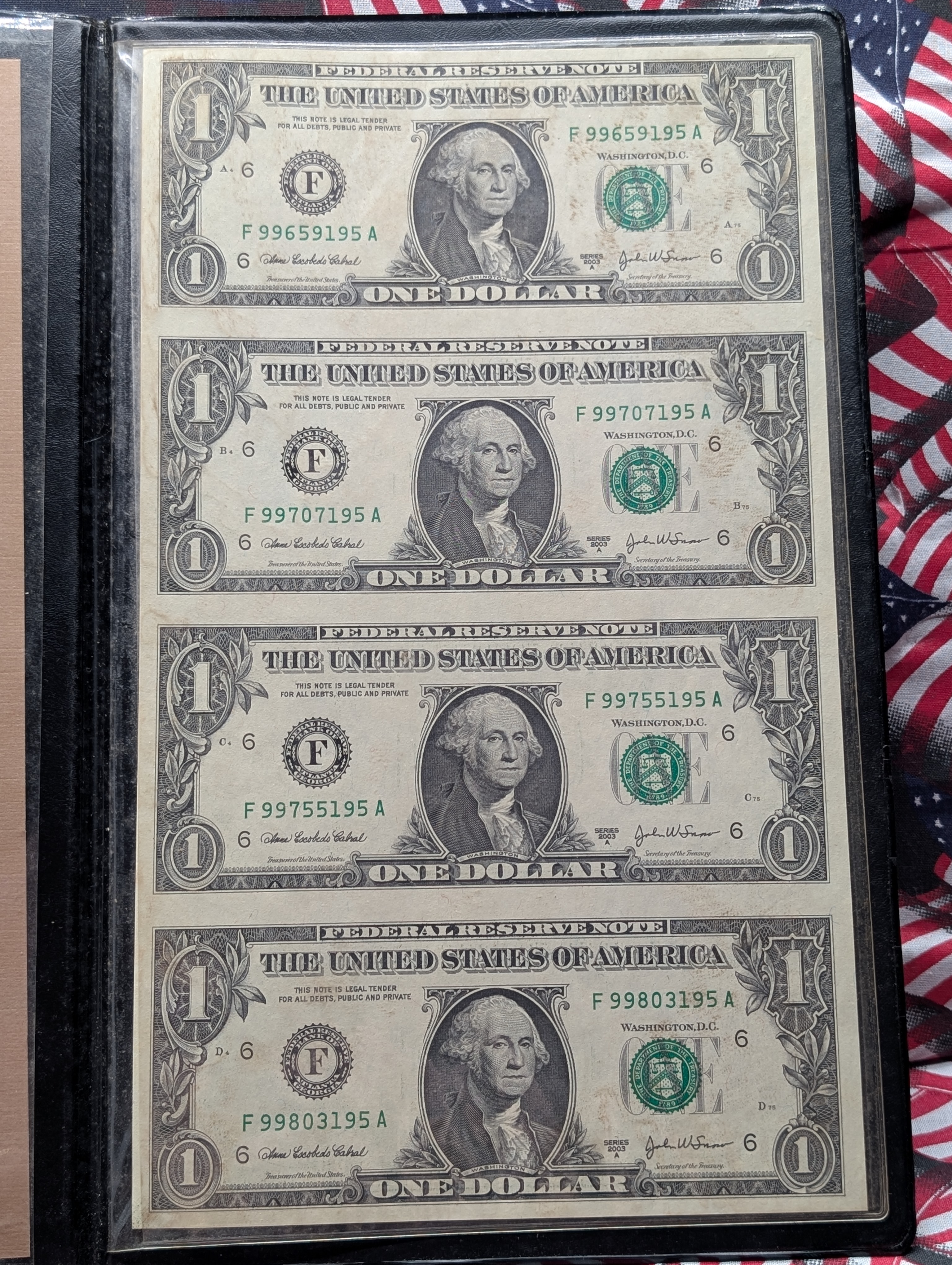 The Wisdom of George Washington Uncut Sheet of (4) 2003 A Series $1 Notes Set