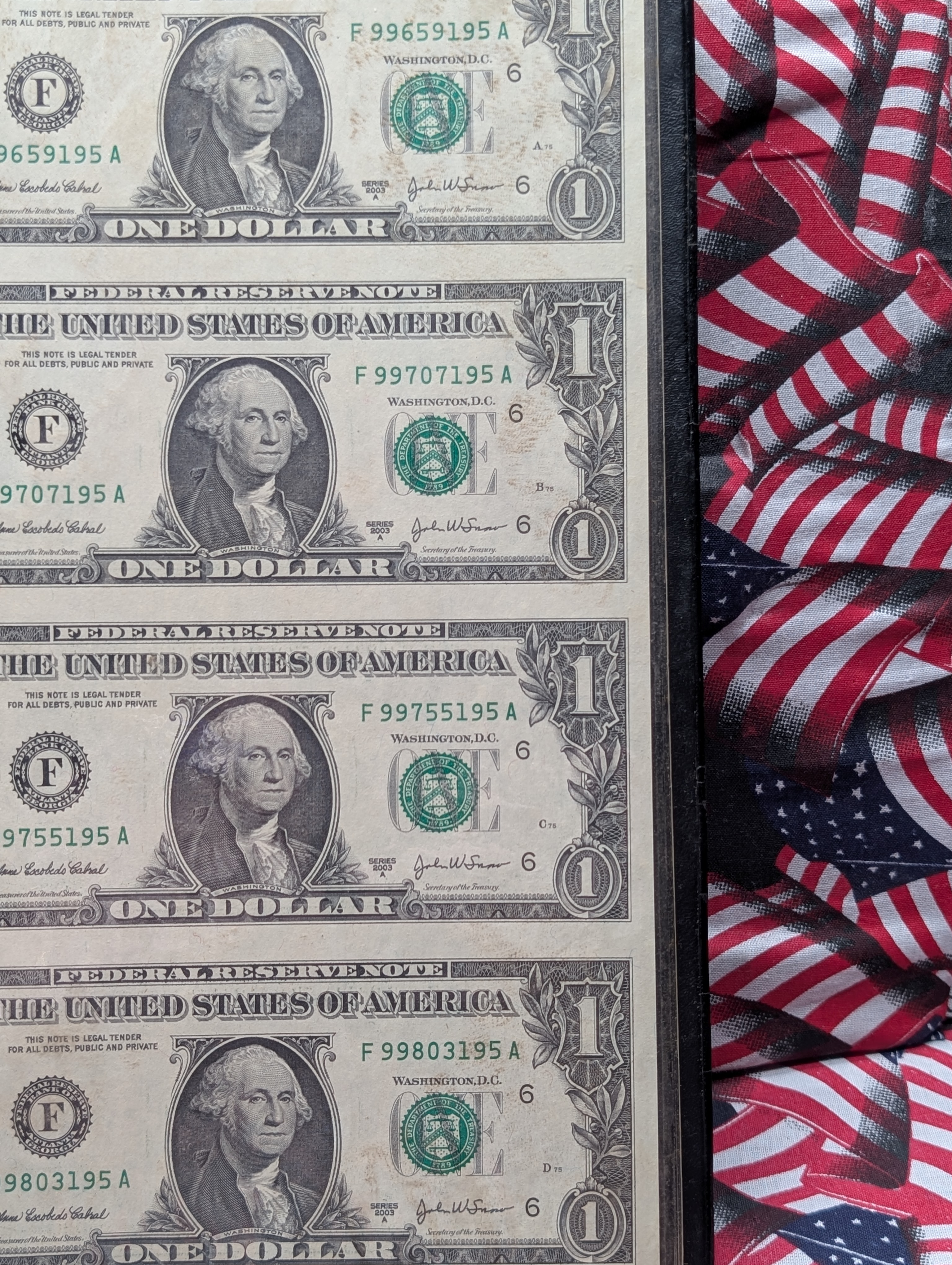 The Wisdom of George Washington Uncut Sheet of (4) 2003 A Series $1 Notes Set