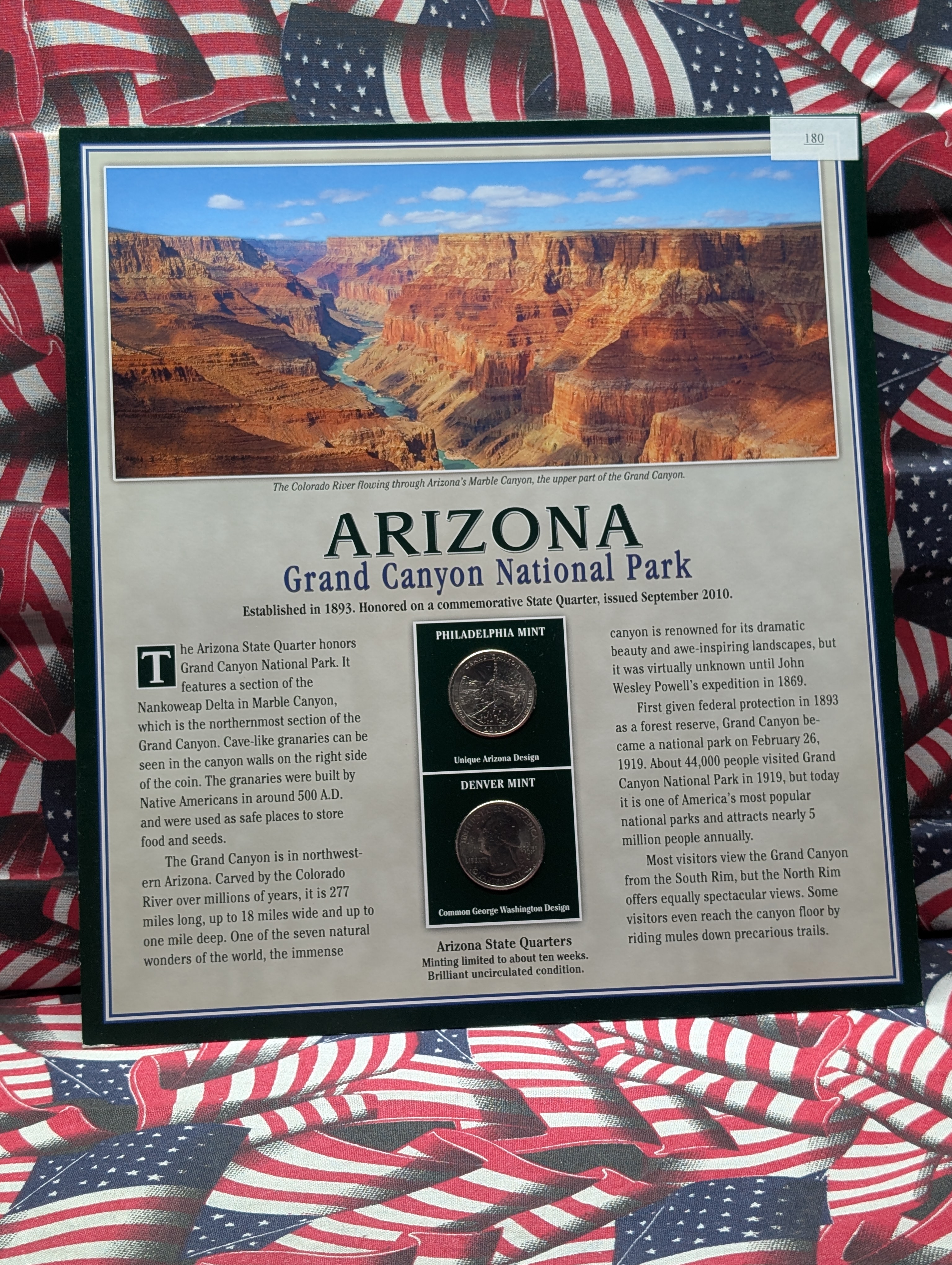 2010-P&D Arizona Info Sheet Binder Page with 2 State Quarters and 2 Stamps