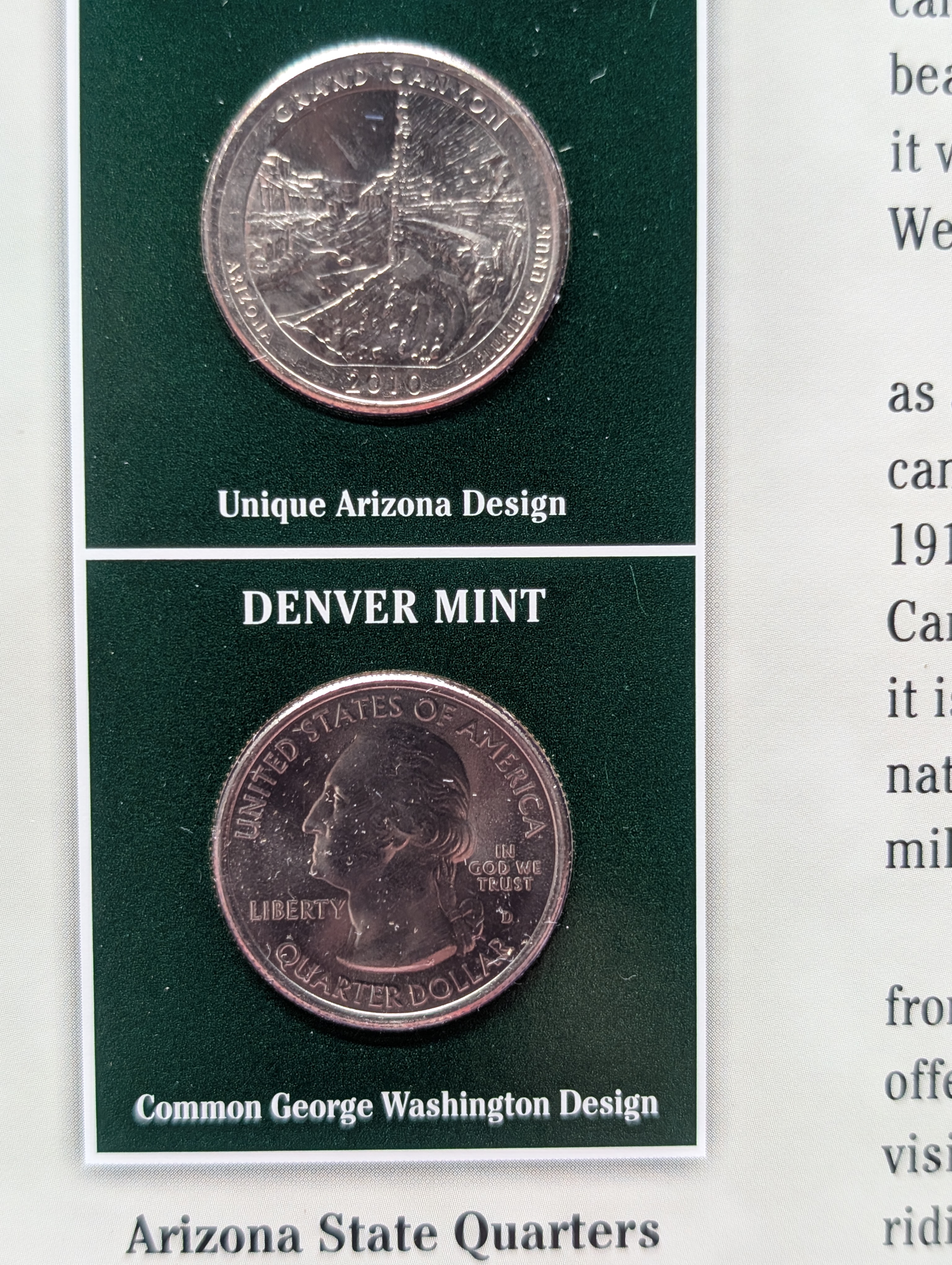 2010-P&D Arizona Info Sheet Binder Page with 2 State Quarters and 2 Stamps