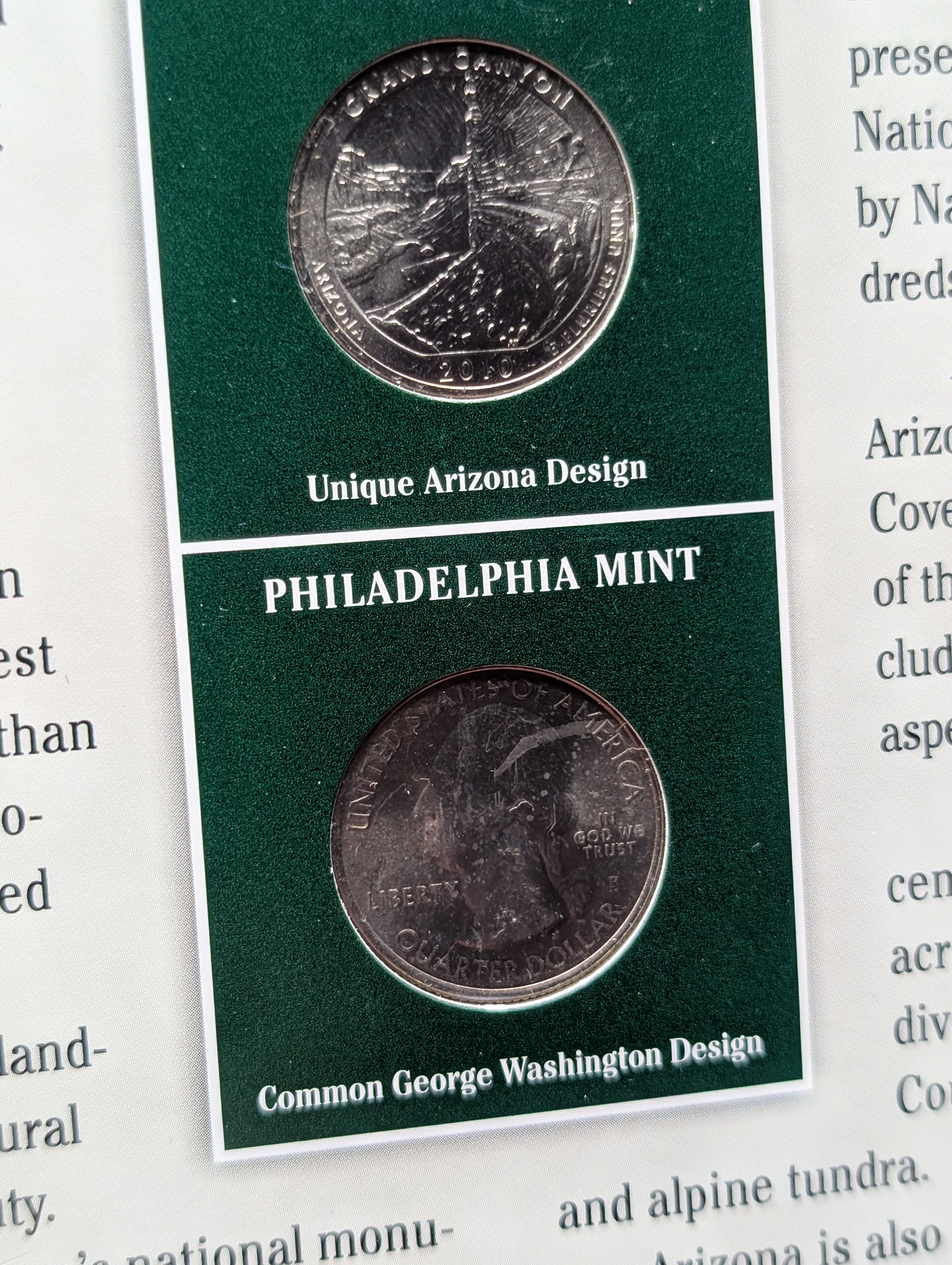 2010-P&D Arizona Info Sheet Binder Page with 2 State Quarters and 2 Stamps