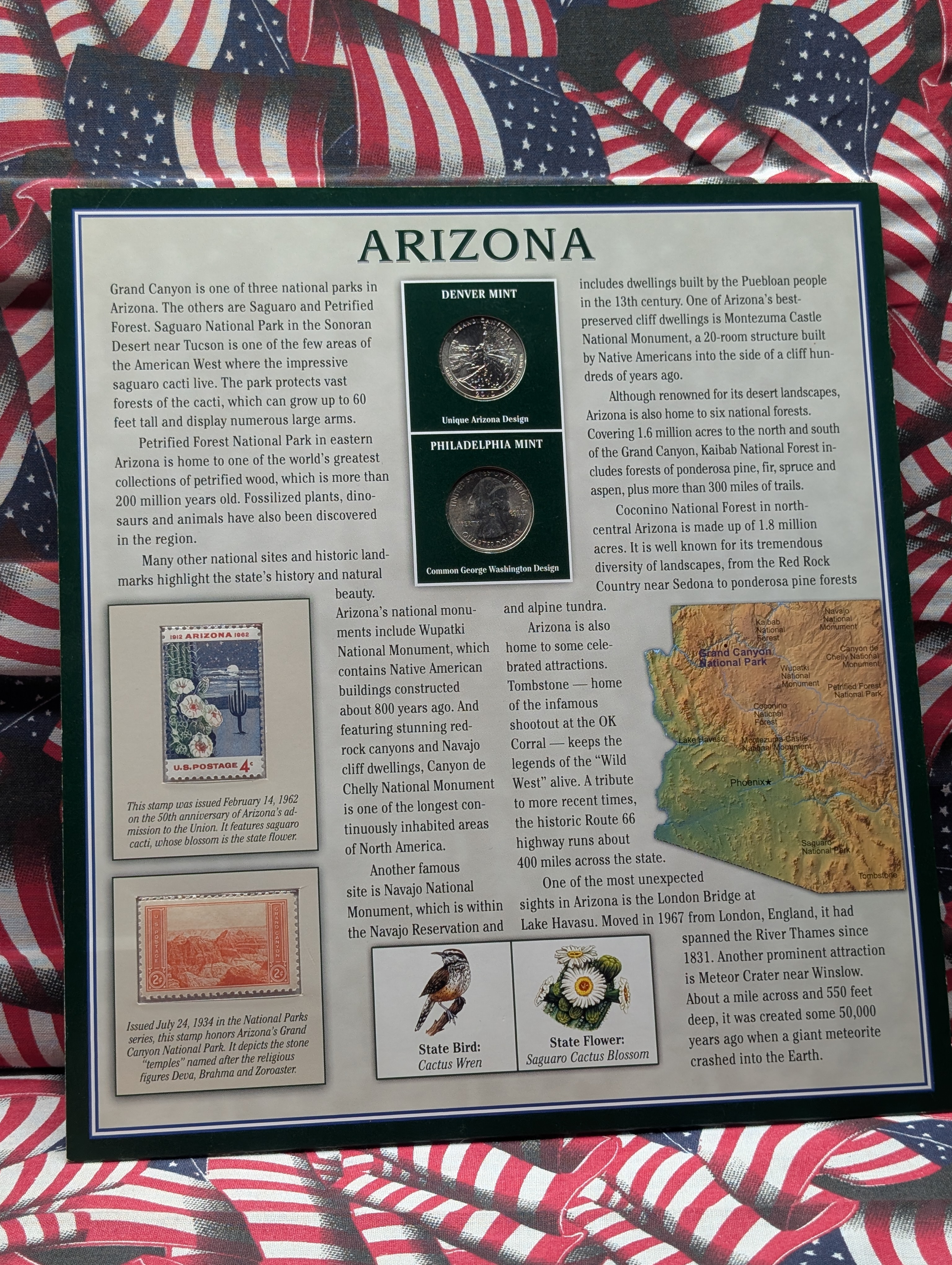 2010-P&D Arizona Info Sheet Binder Page with 2 State Quarters and 2 Stamps