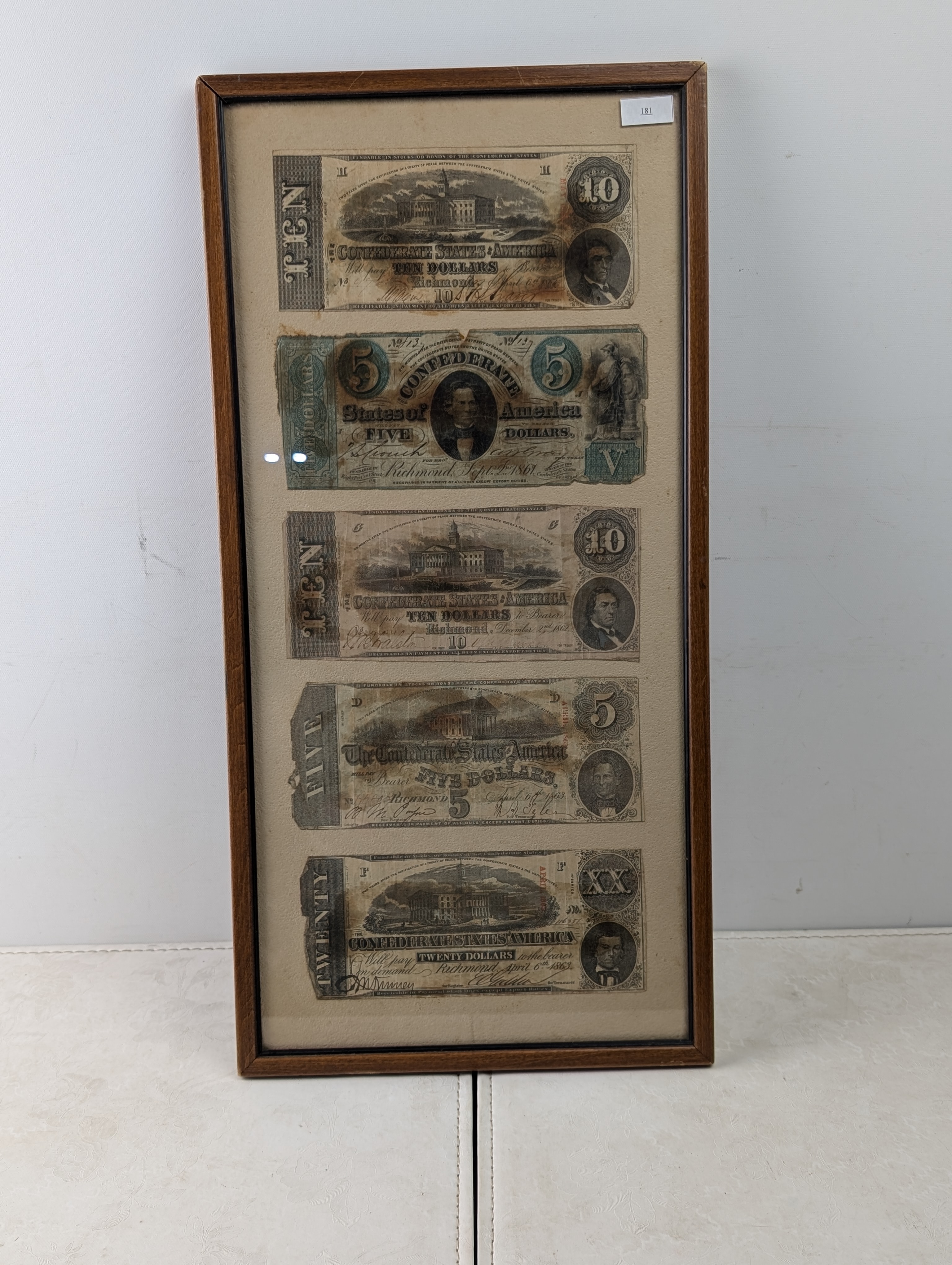 Display Case With 5 Confederate Notes - 3x$10 & 2x$5