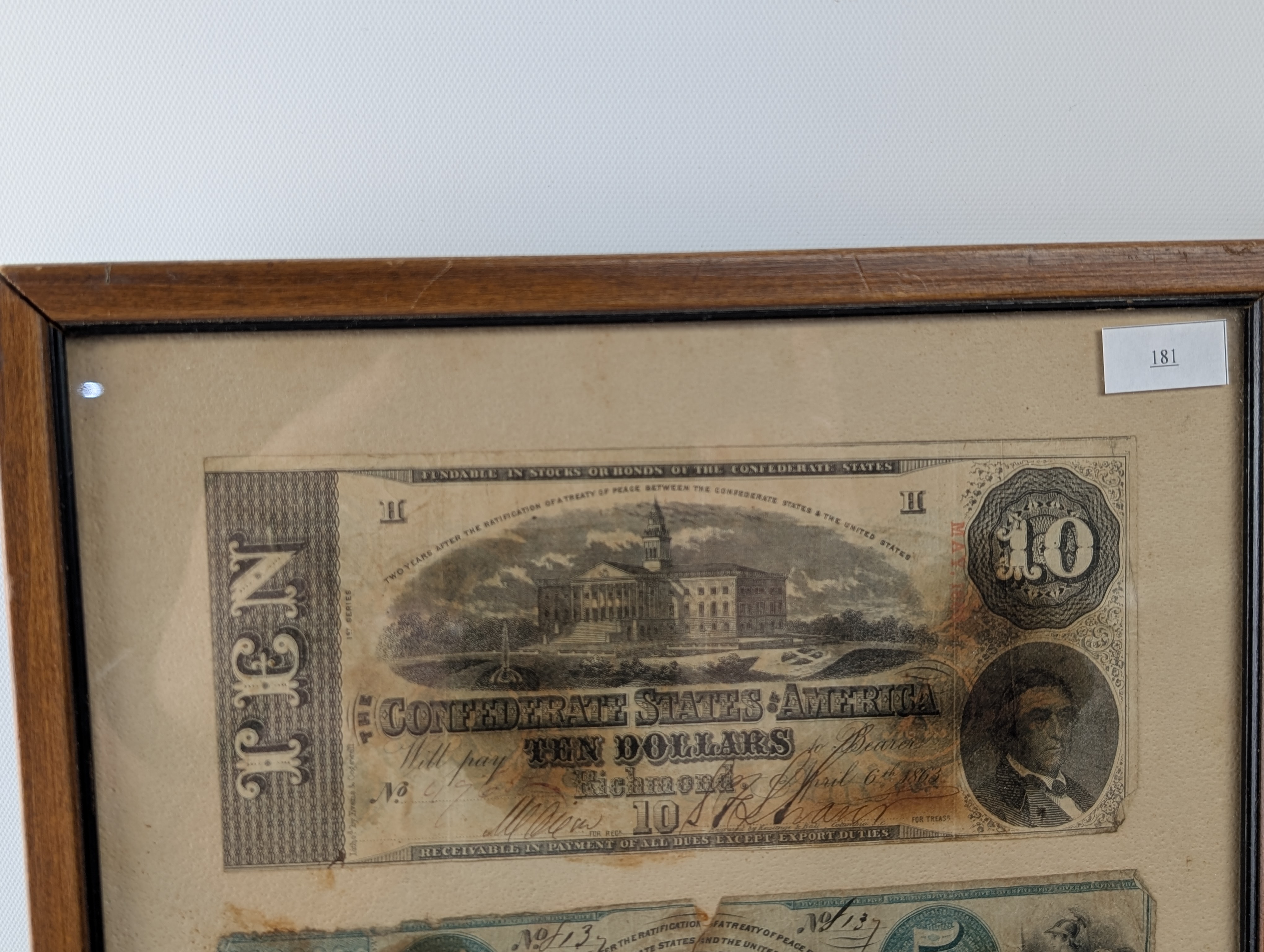 Display Case With 5 Confederate Notes - 3x$10 & 2x$5