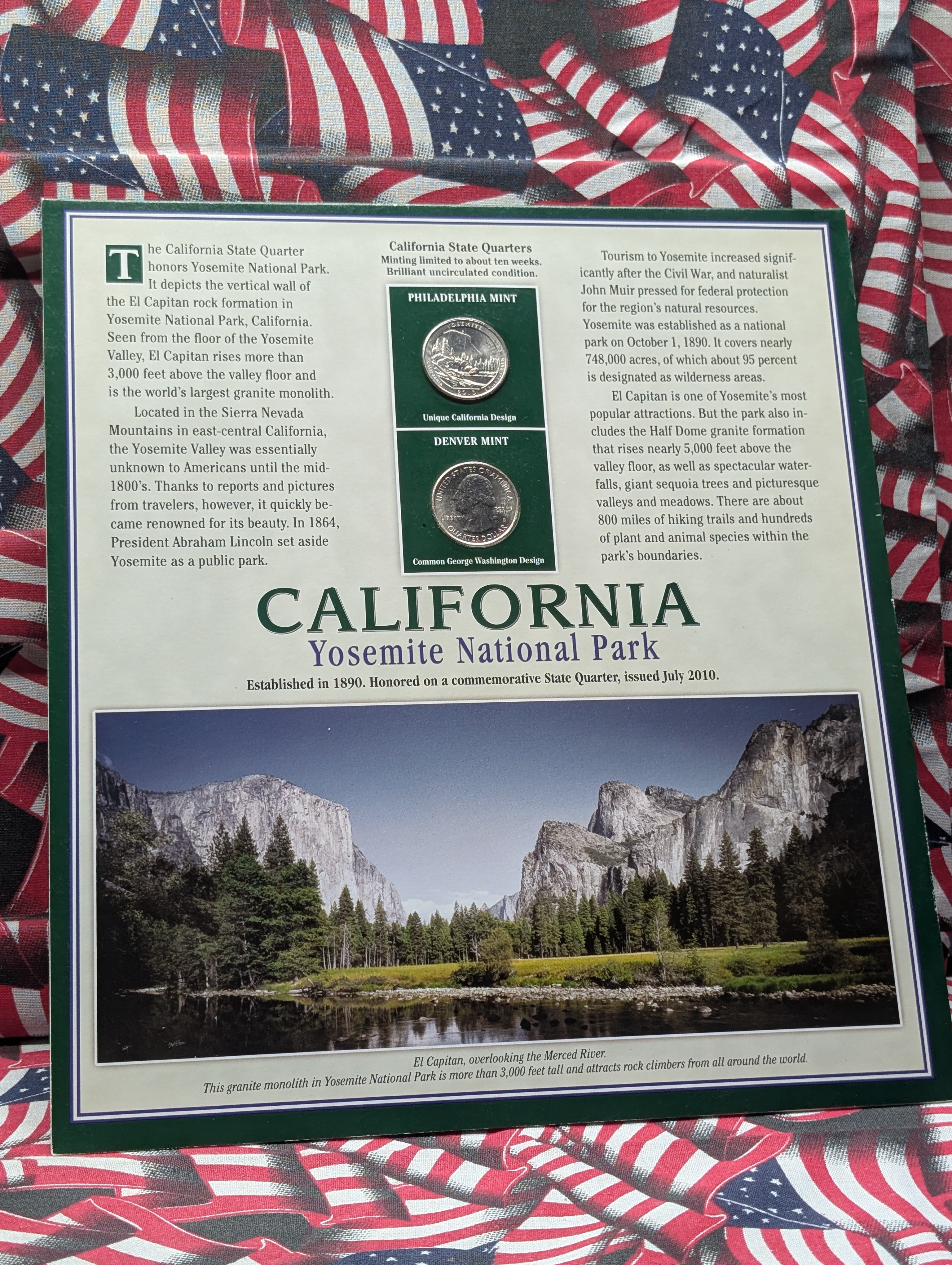 2010-P&D California Washington Quarters Infosheet Binder Page with 2 State Quarters and 2 Stamps