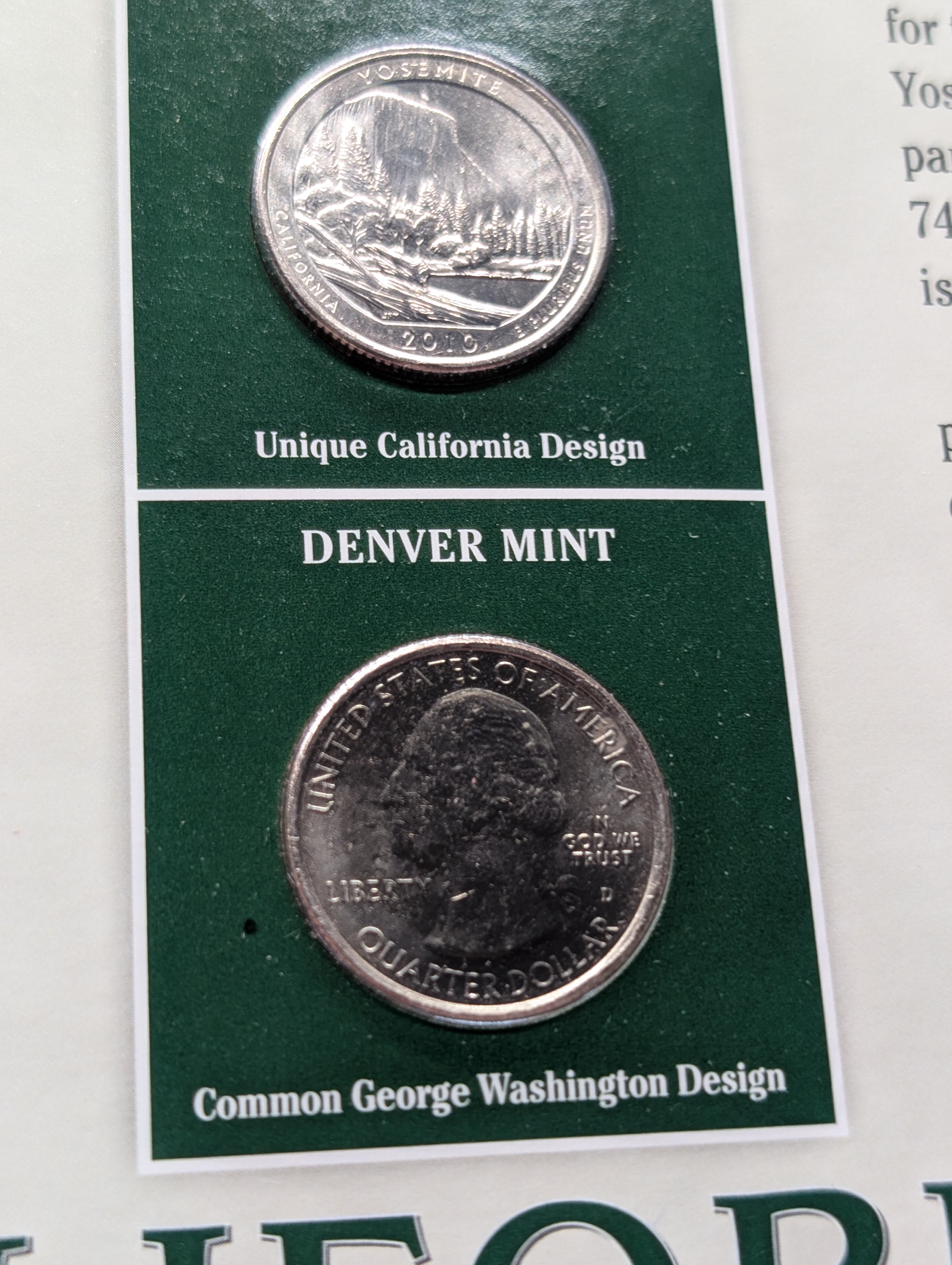 2010-P&D California Washington Quarters Infosheet Binder Page with 2 State Quarters and 2 Stamps