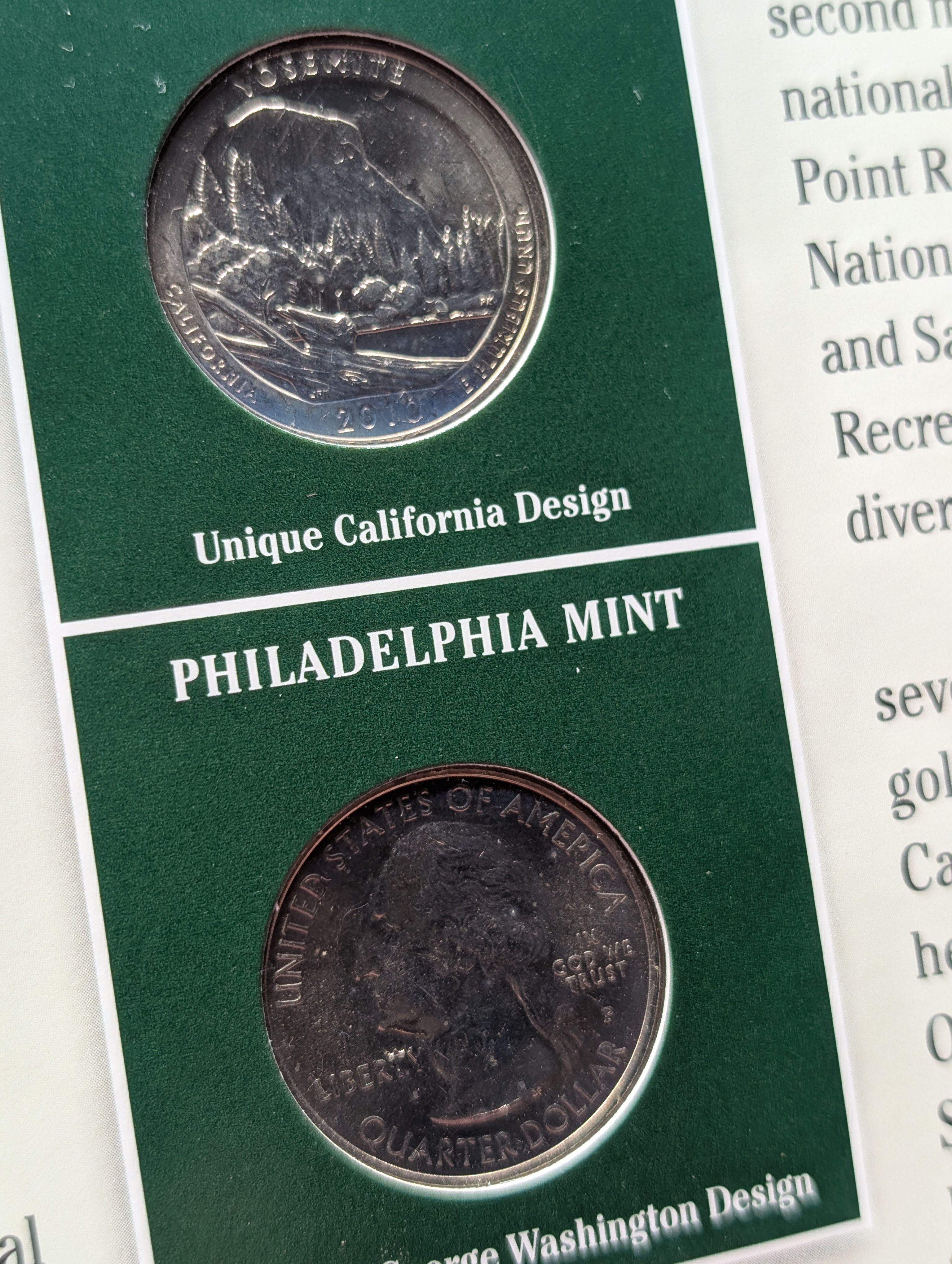 2010-P&D California Washington Quarters Infosheet Binder Page with 2 State Quarters and 2 Stamps