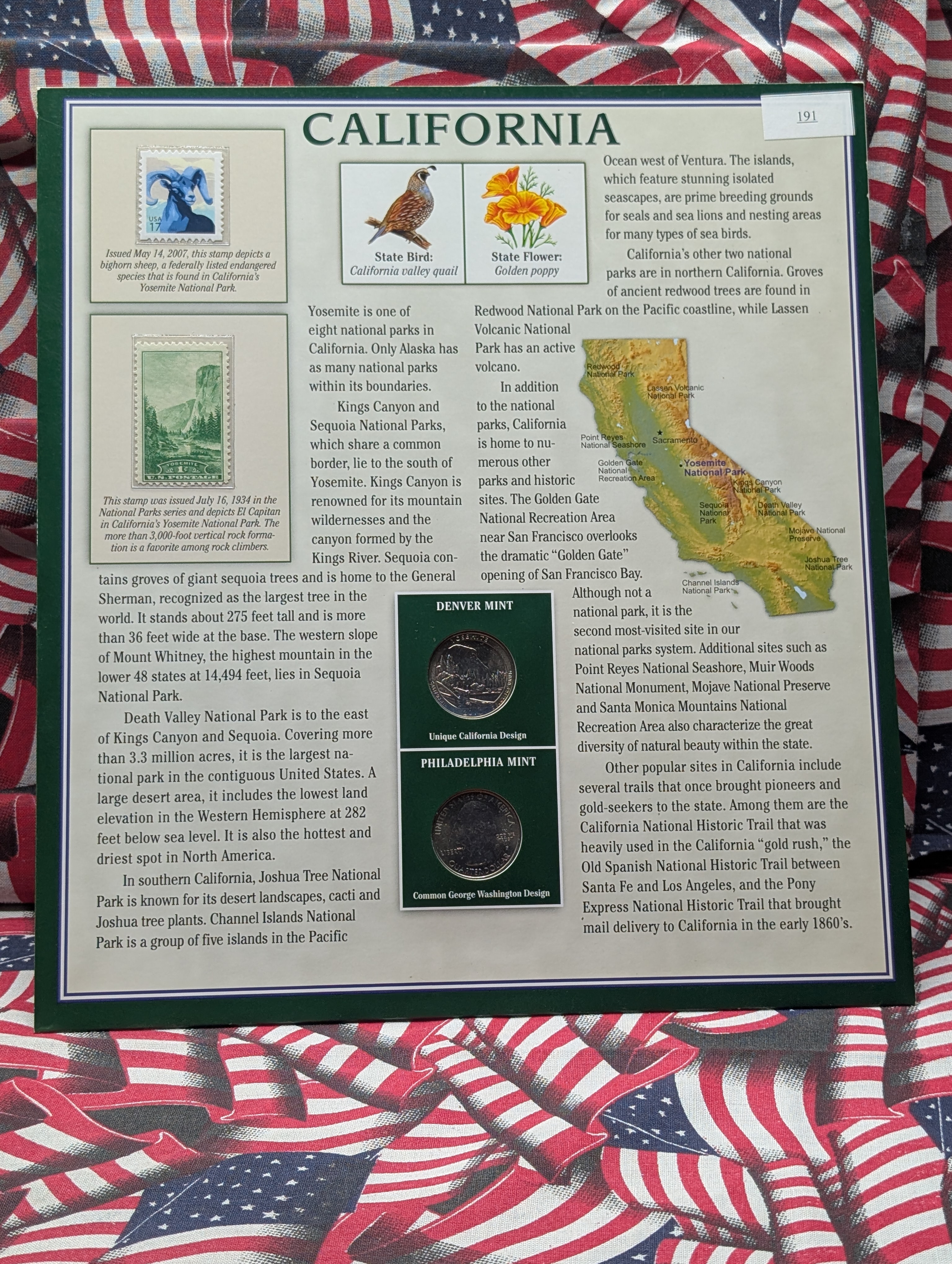 2010-P&D California Washington Quarters Infosheet Binder Page with 2 State Quarters and 2 Stamps