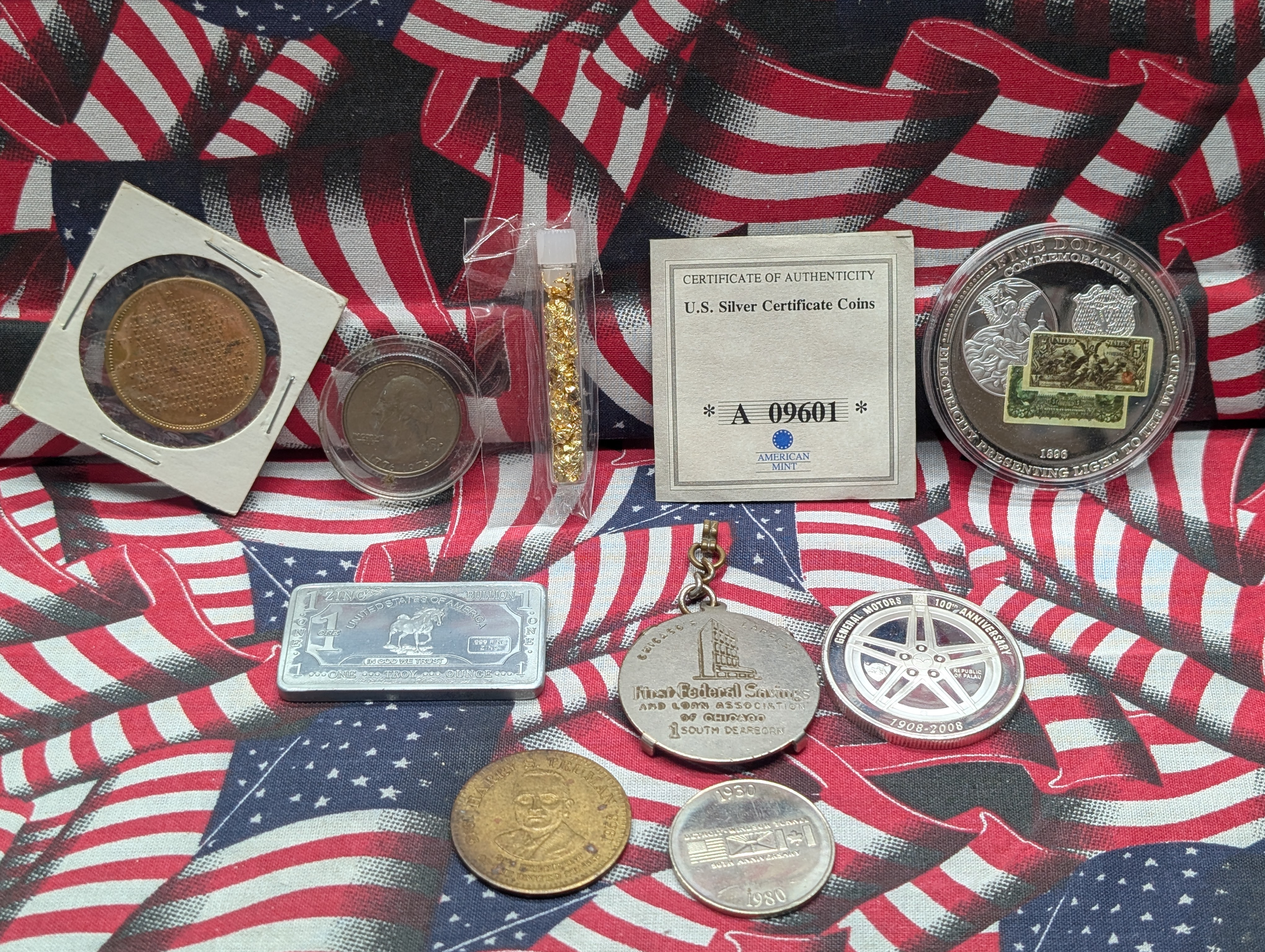 Misc Collectibles and Medals - Includes Zinc Bar, Gold Foil Tube, and $5 Commemorative