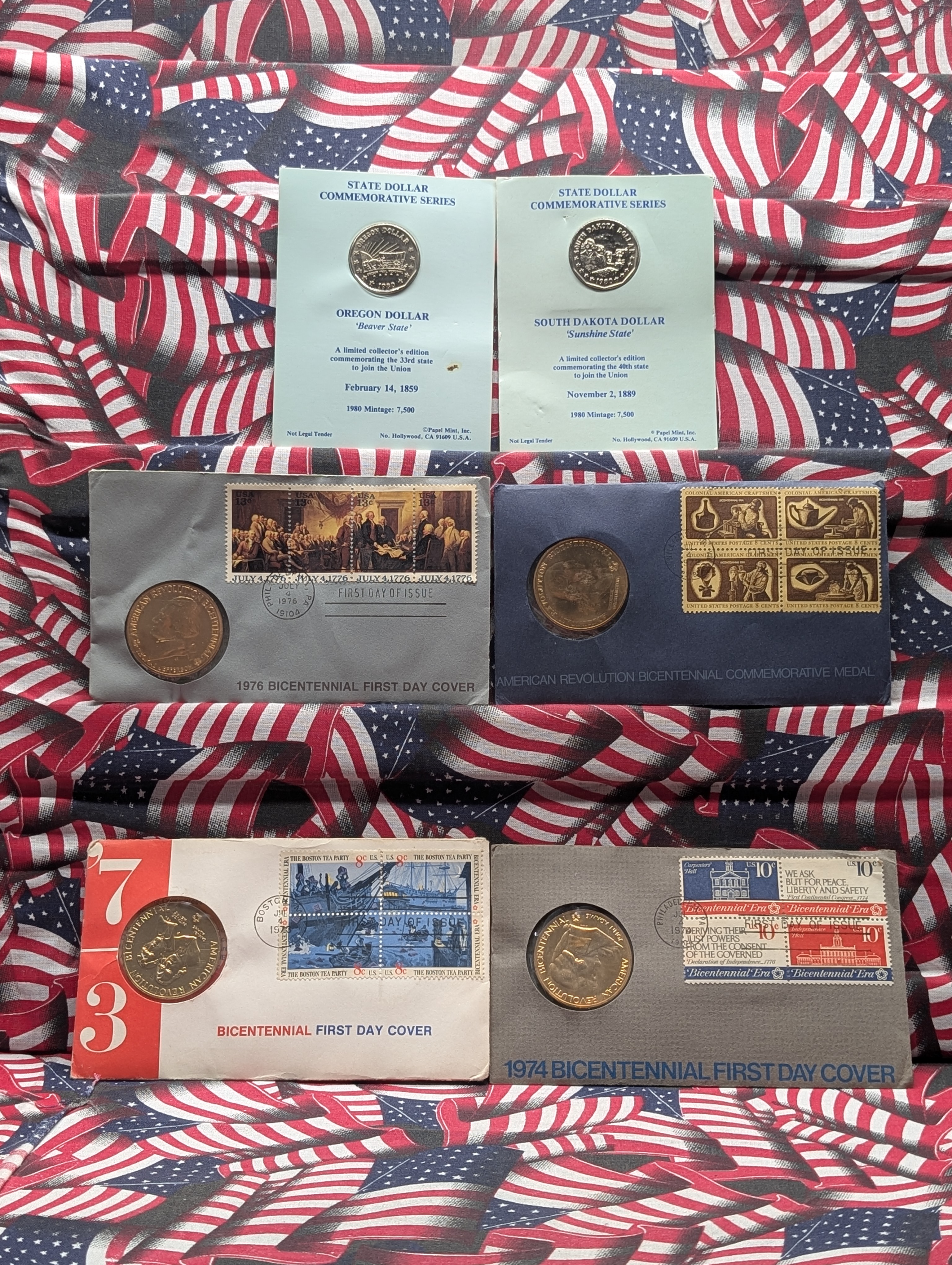 Collection of 4 Bicentennial Medals and 2 State Dollar Commemorative Coins