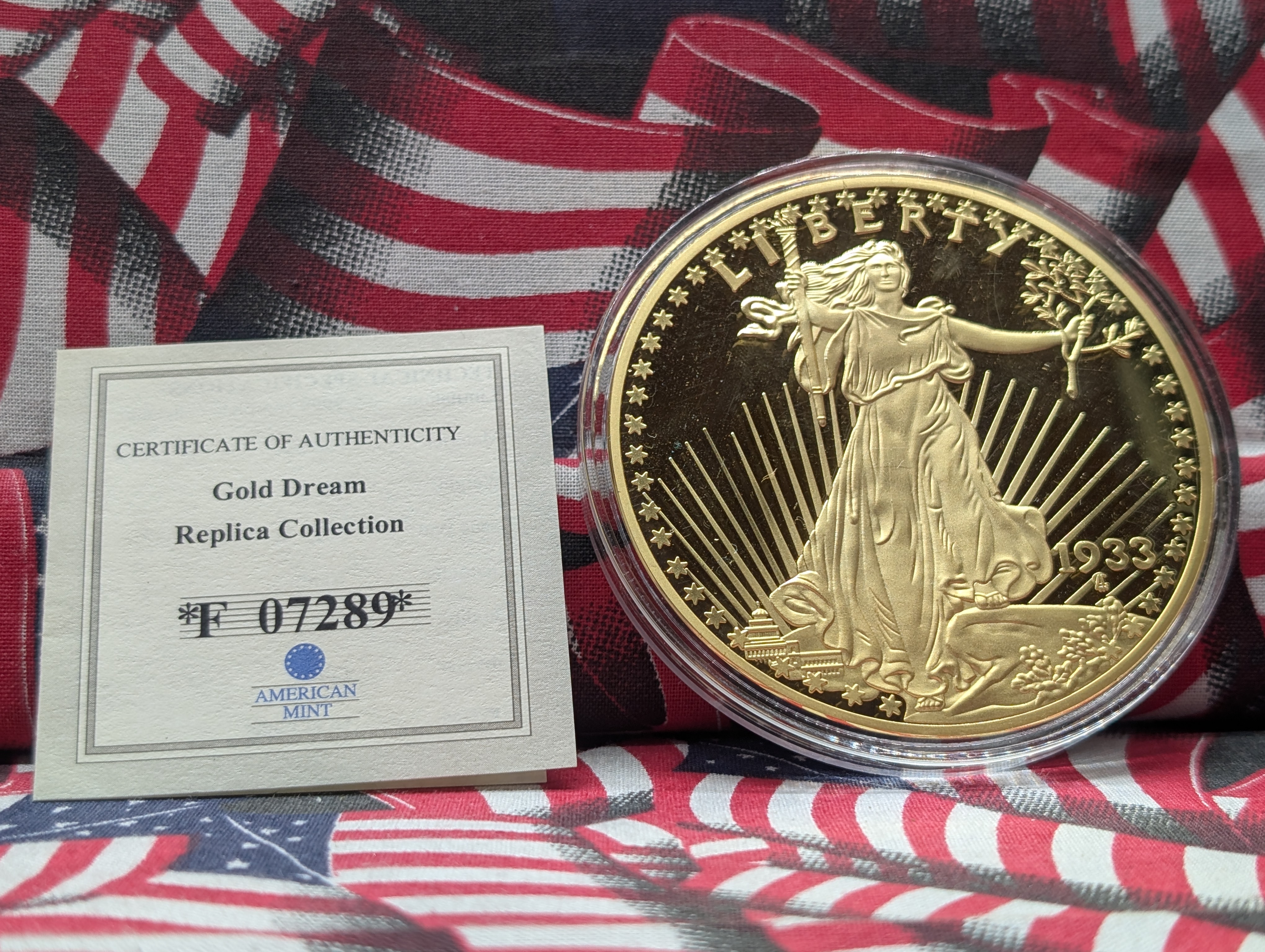 Copy of 1933 Proof Saint Gaudens Replica Coin 24kt Layered - American Mint - 3 inch