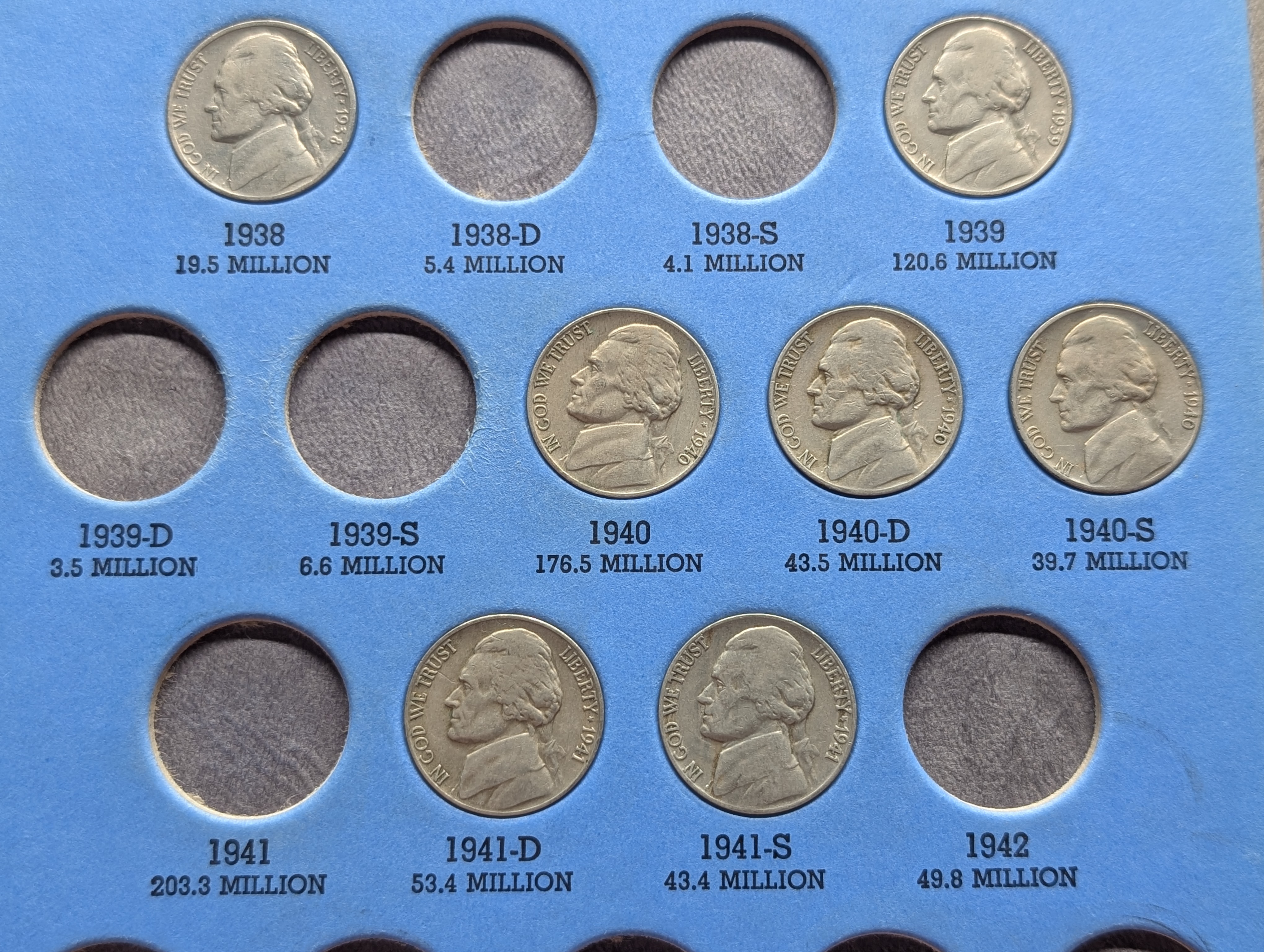 Partial 1938 to 1961 Jefferson Nickel Collection - 38 Coins in Whitman Folder