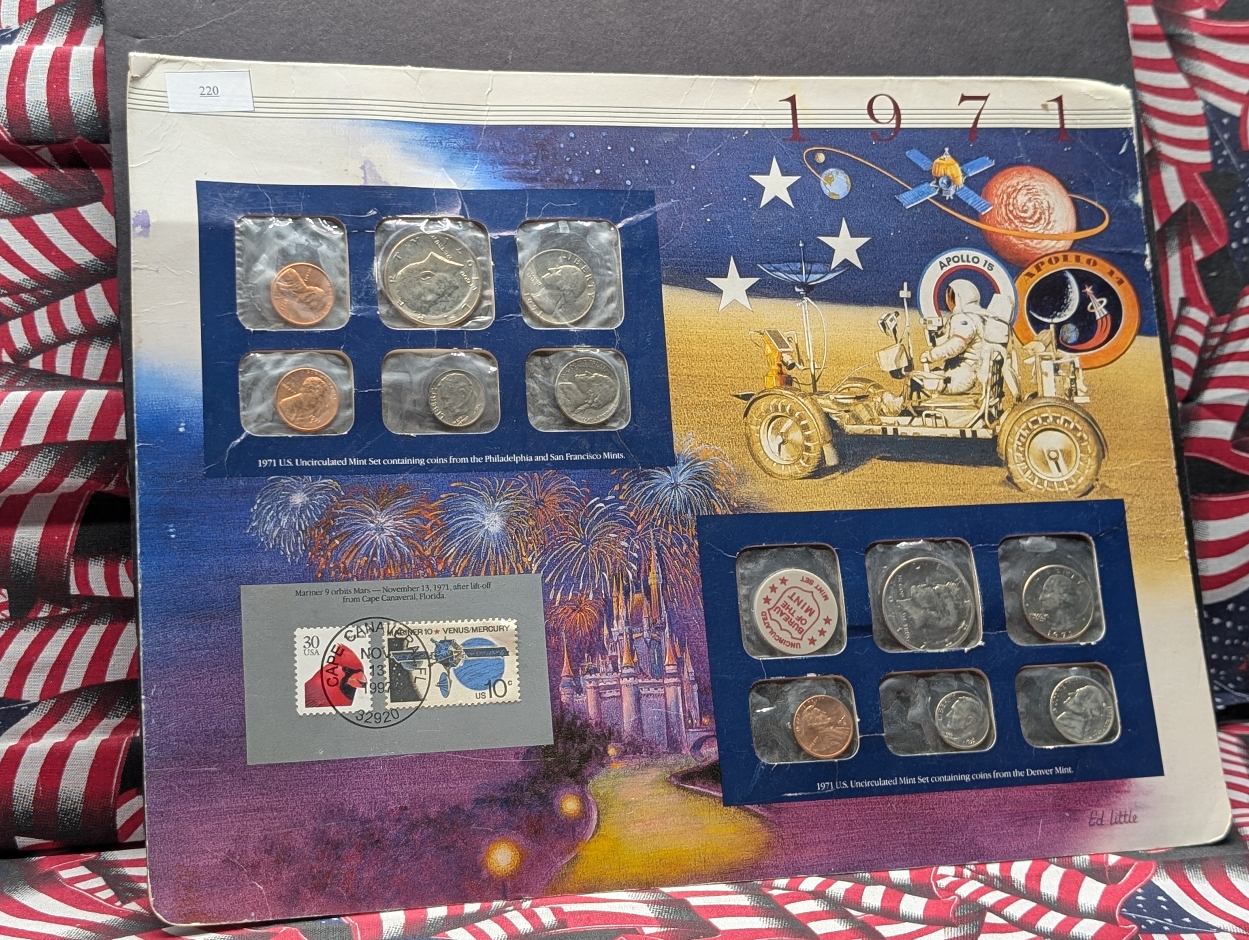 1971-P&D U.S. Mint Set with S Mint Mark Cent and Info Card Including 2 Stamps
