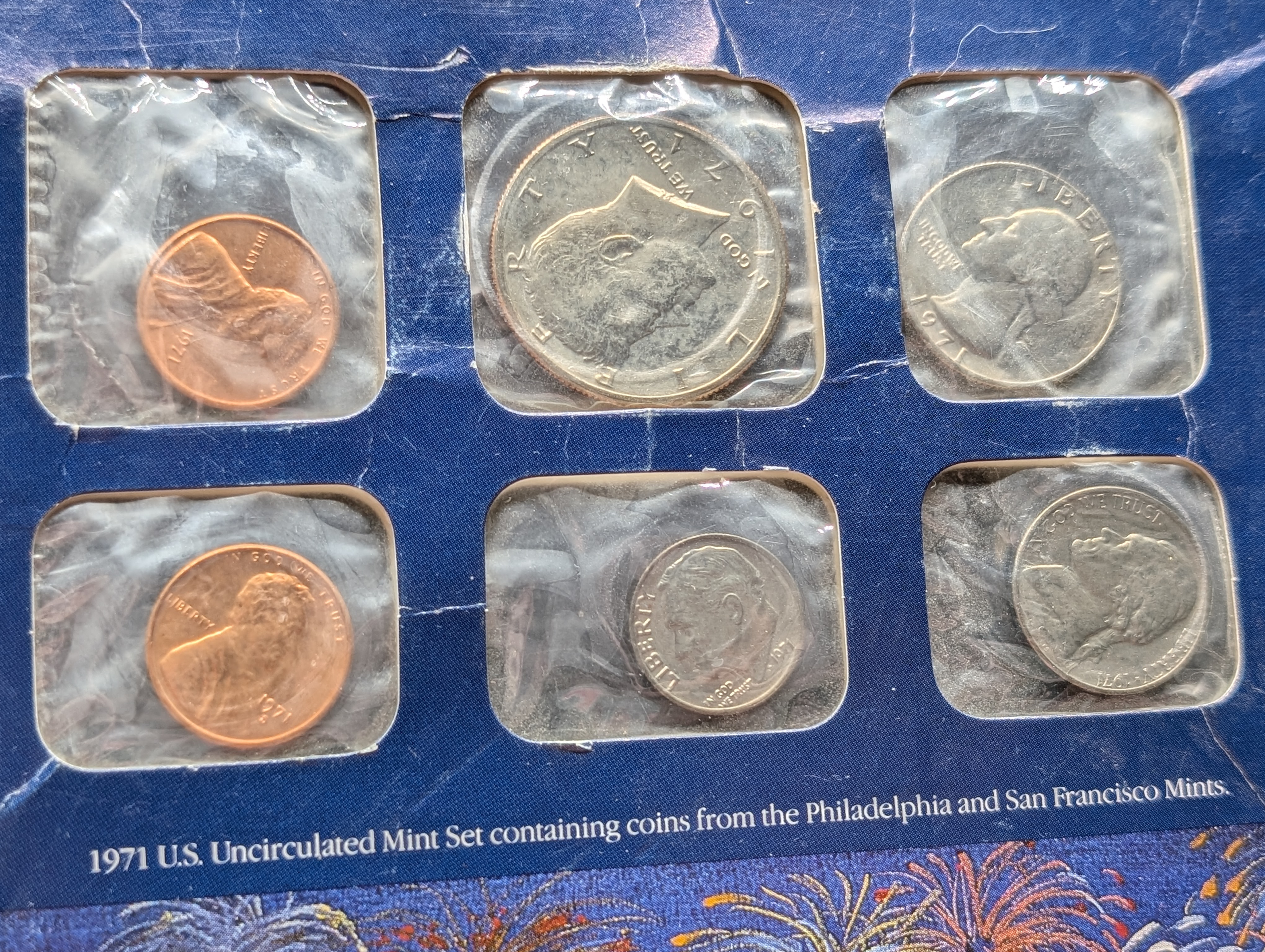 1971-P&D U.S. Mint Set with S Mint Mark Cent and Info Card Including 2 Stamps