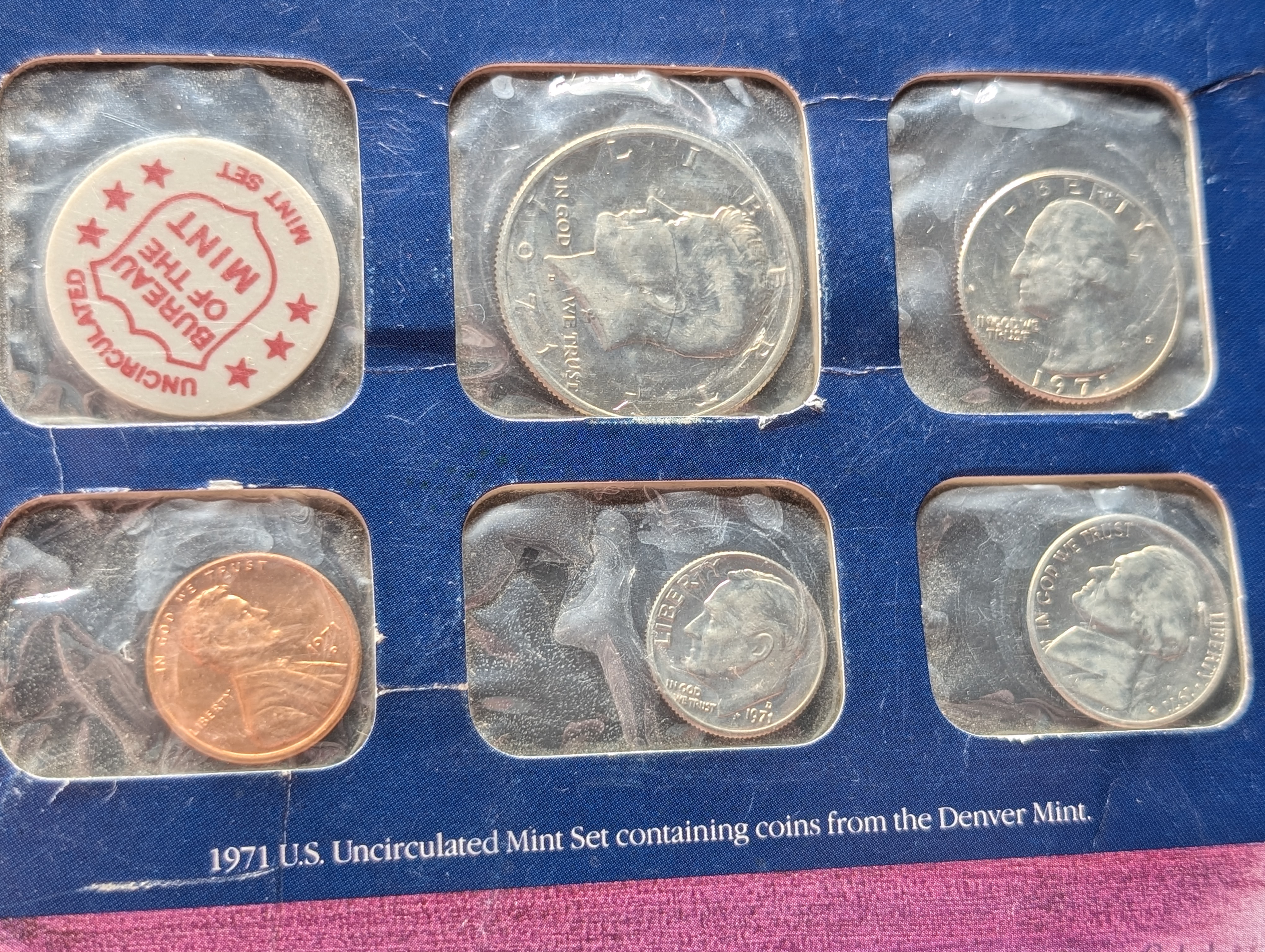 1971-P&D U.S. Mint Set with S Mint Mark Cent and Info Card Including 2 Stamps
