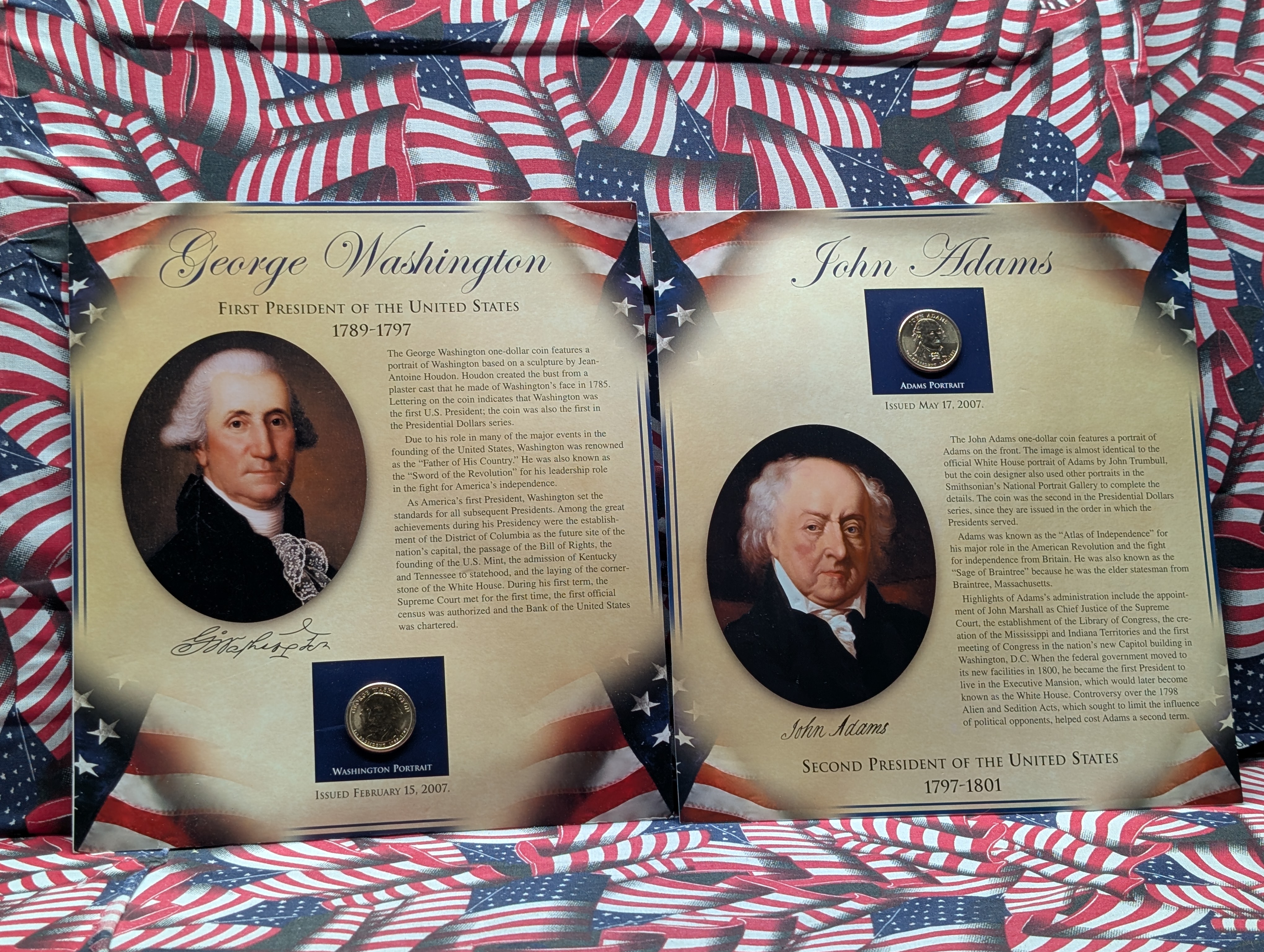 2007-P George Washington & John Adams Presidential Dollar and Stamps with Infocard in Binder Page