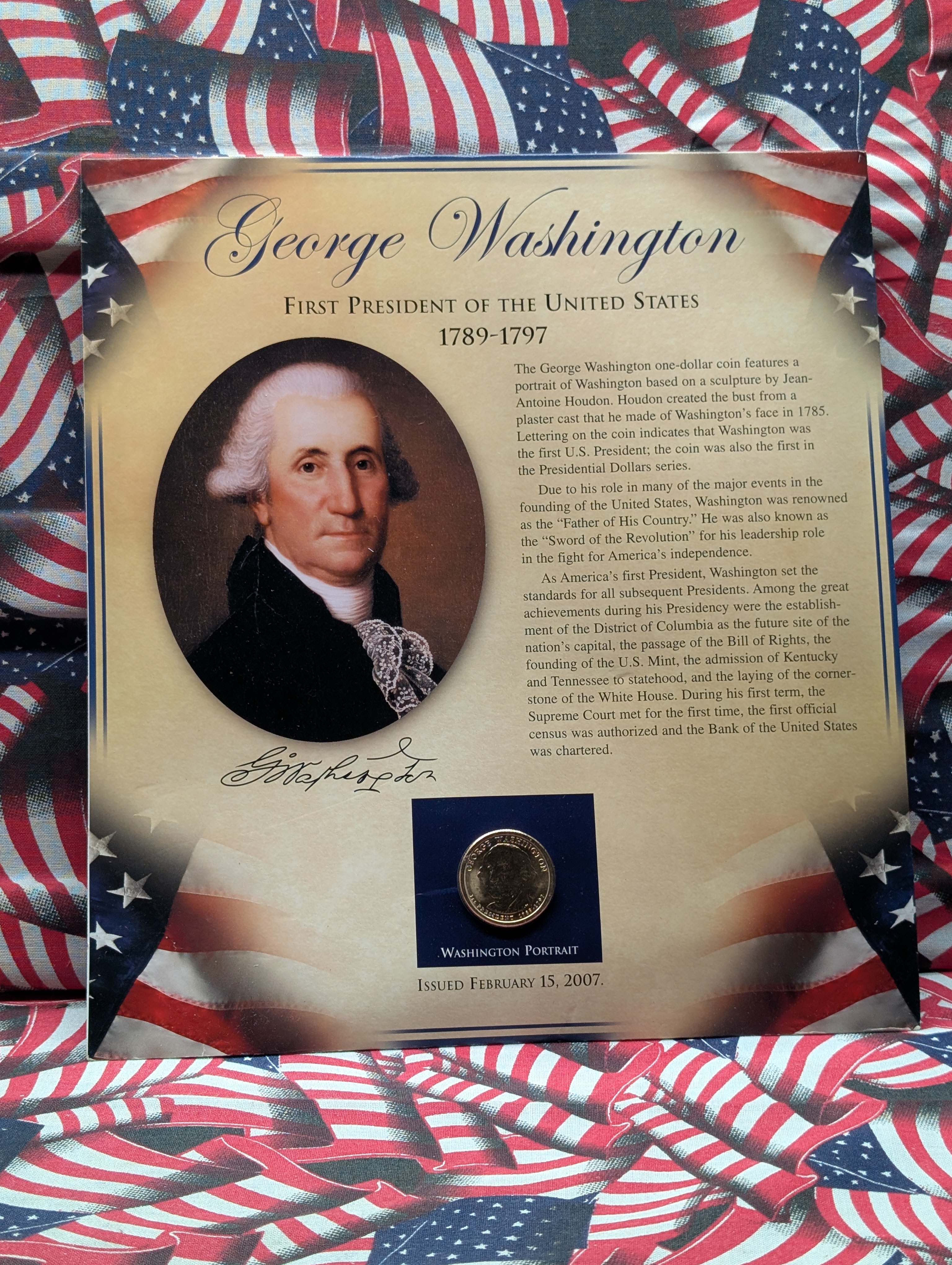 2007-P George Washington & John Adams Presidential Dollar and Stamps with Infocard in Binder Page