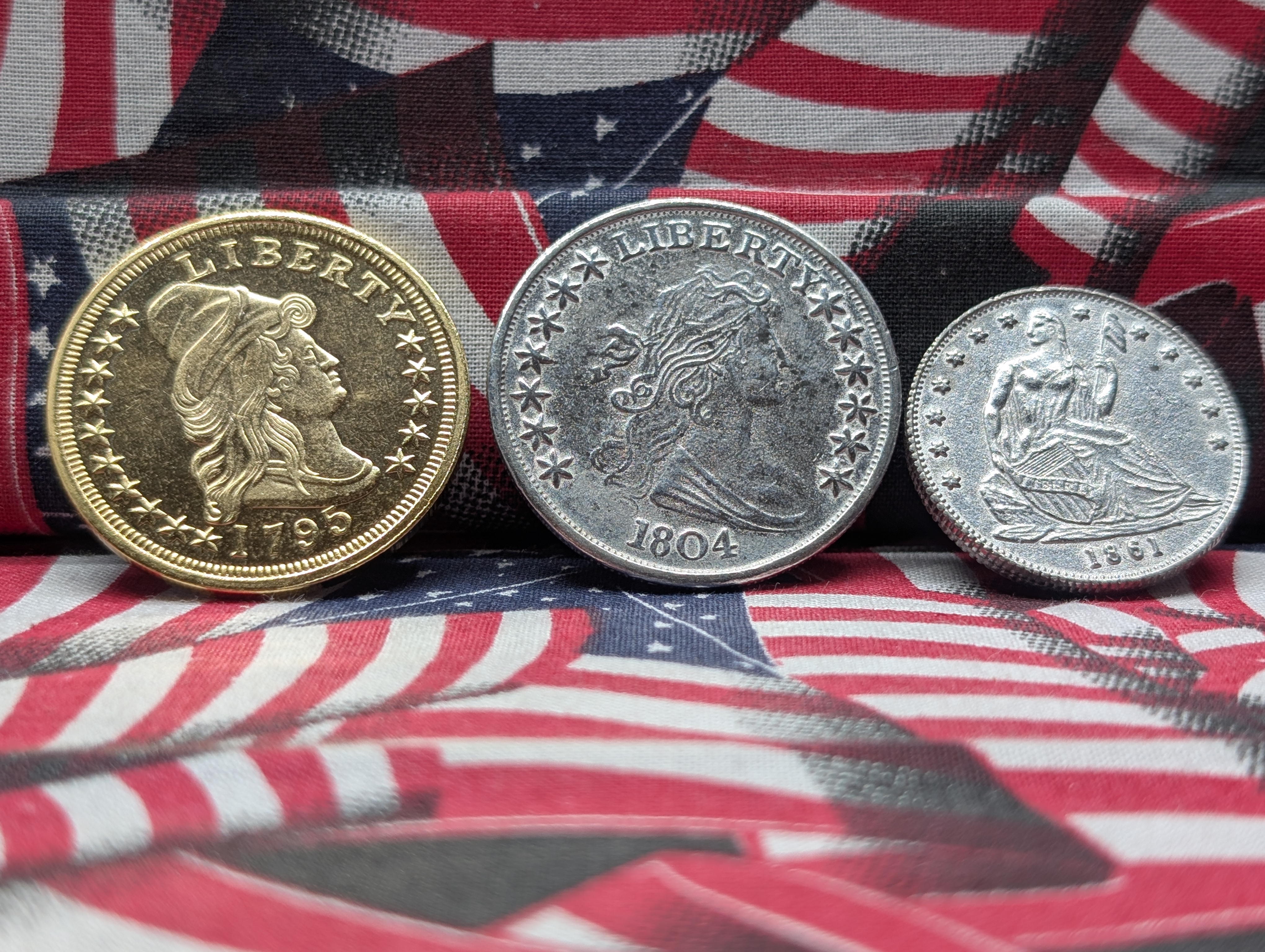 All Copy Collection of 3 Rare Coins - 1804 Bust Dollar, 1861 Liberty Seated Half Dollar, 1795 Gold Half Eagle
