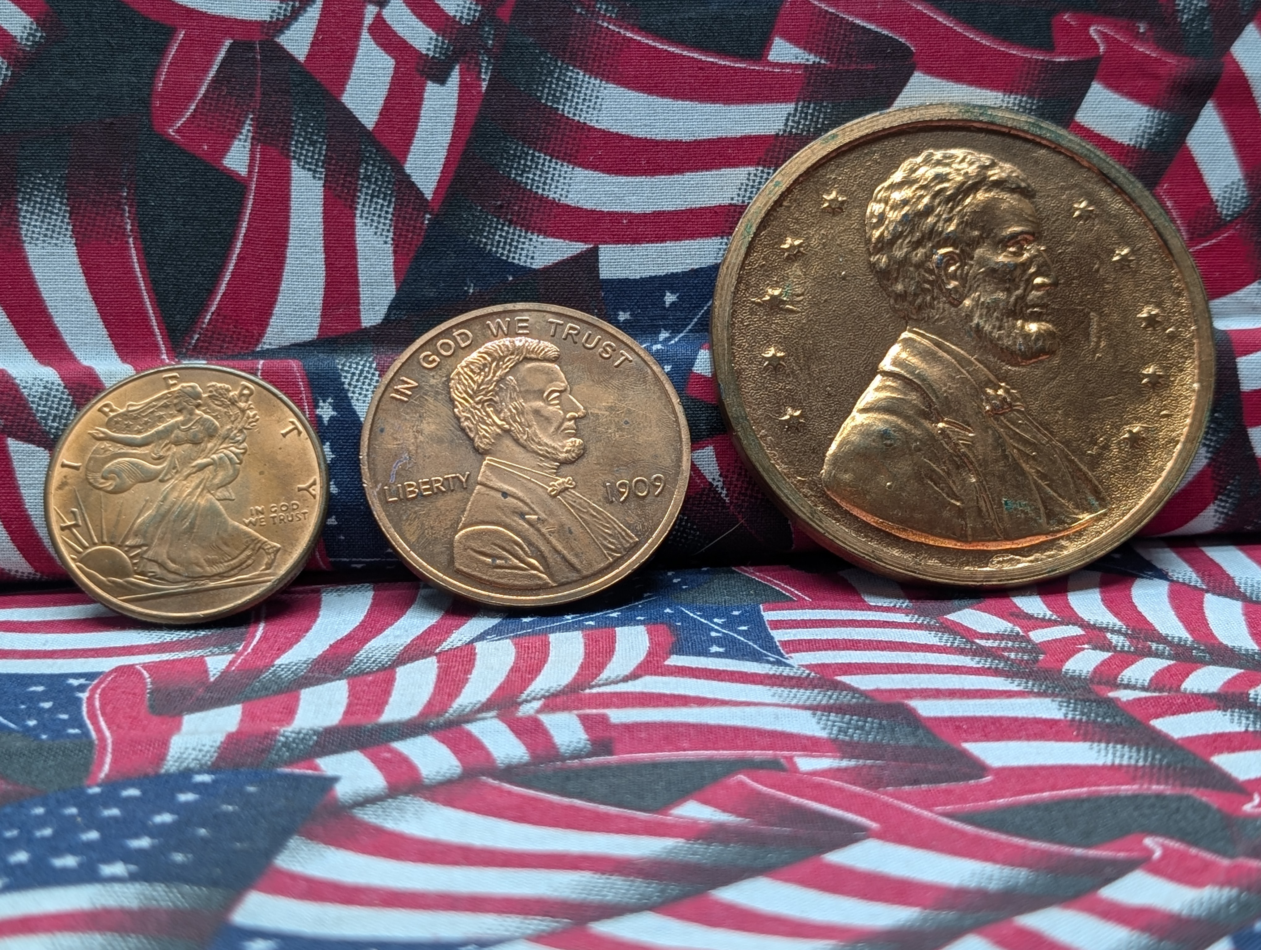 GSM 1oz .999 Fine Copper Round, 1.57oz. Copper 1909 Tribute Coin, and Large Souvenir Penny