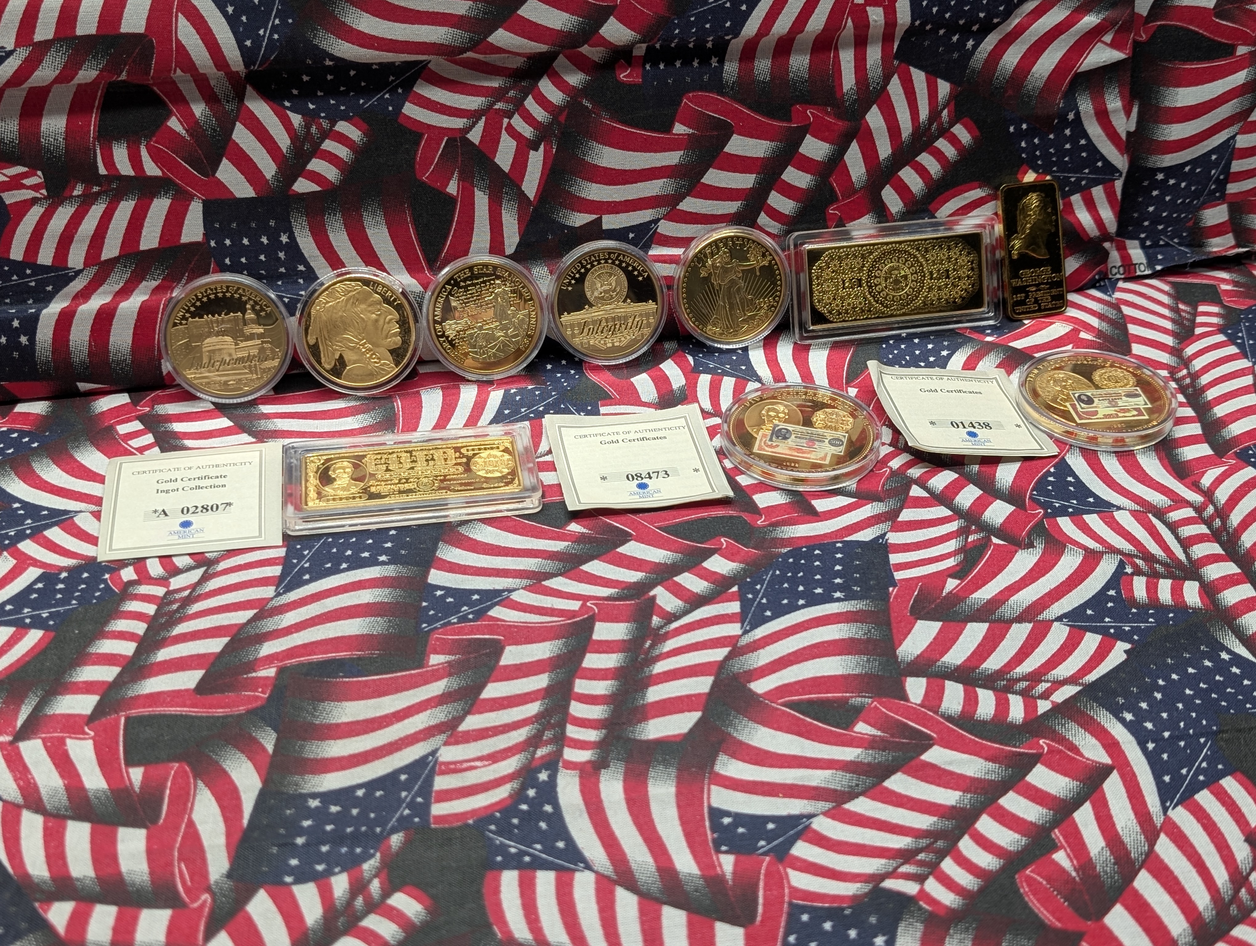 (10) Assorted Gold Plated Bars, Replicas and Medals