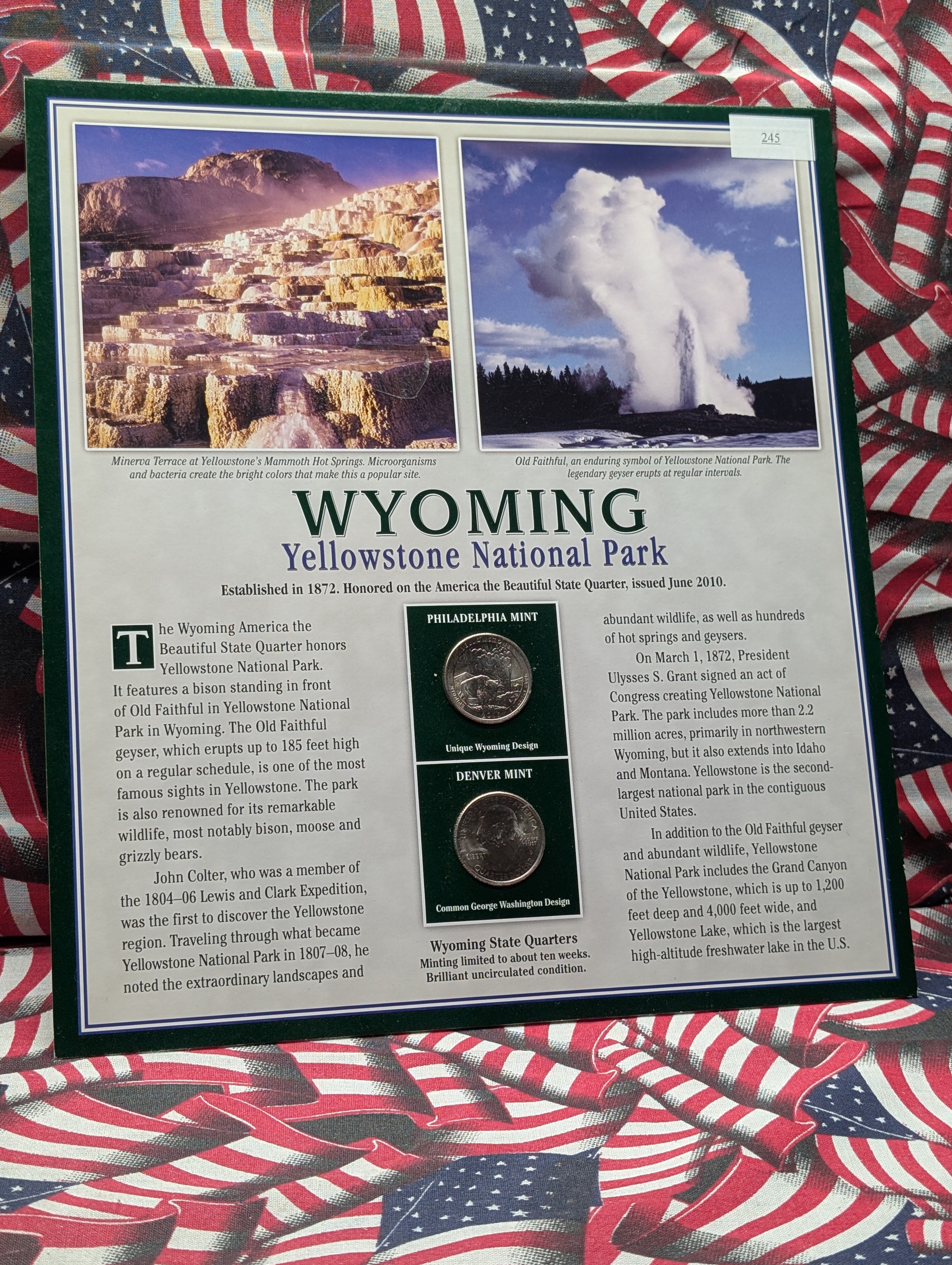 2010-P&D Wyoming Infosheet Binder Page with 2 State Quarters and 2 Stamps