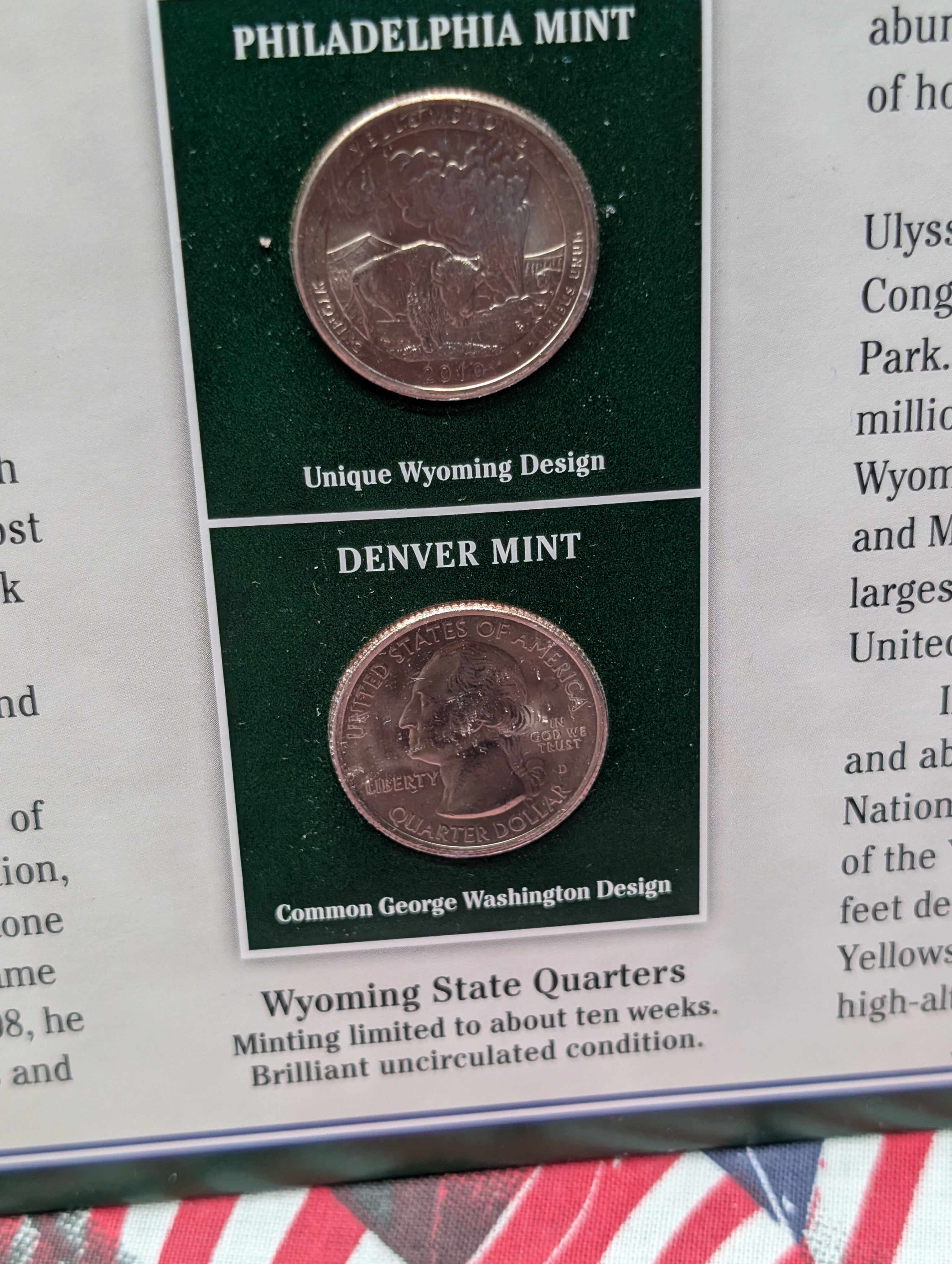 2010-P&D Wyoming Infosheet Binder Page with 2 State Quarters and 2 Stamps