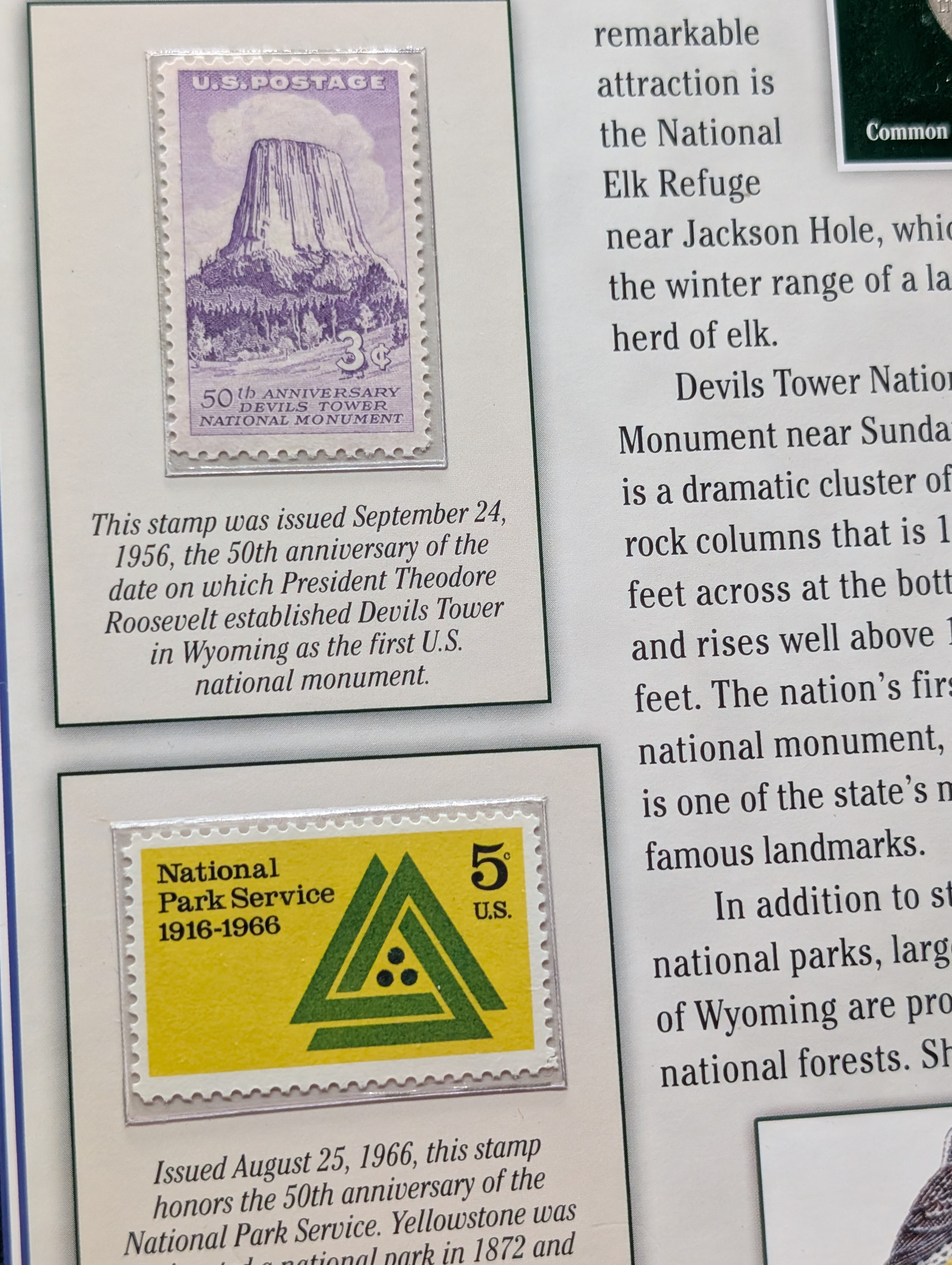 2010-P&D Wyoming Infosheet Binder Page with 2 State Quarters and 2 Stamps