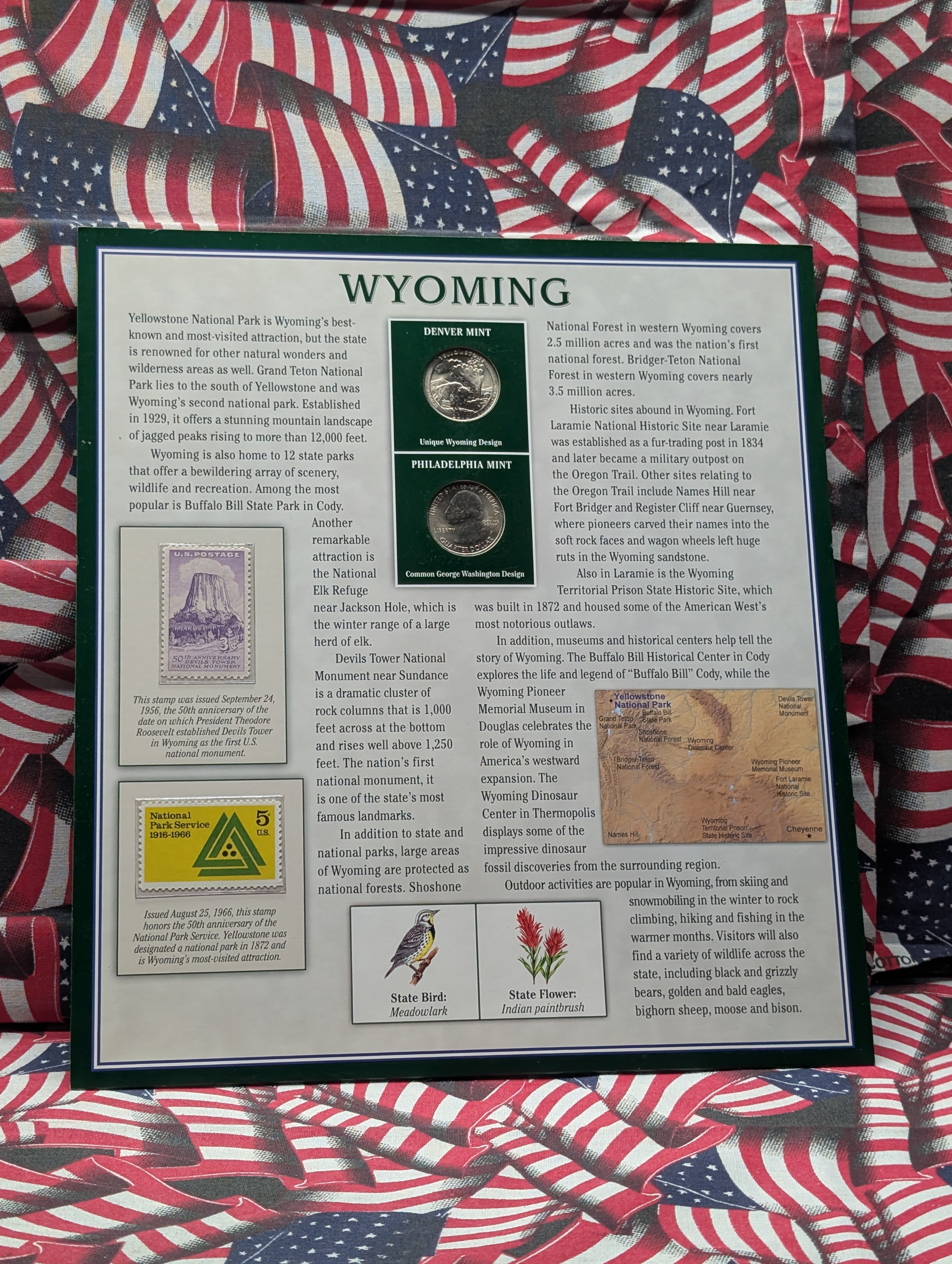 2010-P&D Wyoming Infosheet Binder Page with 2 State Quarters and 2 Stamps