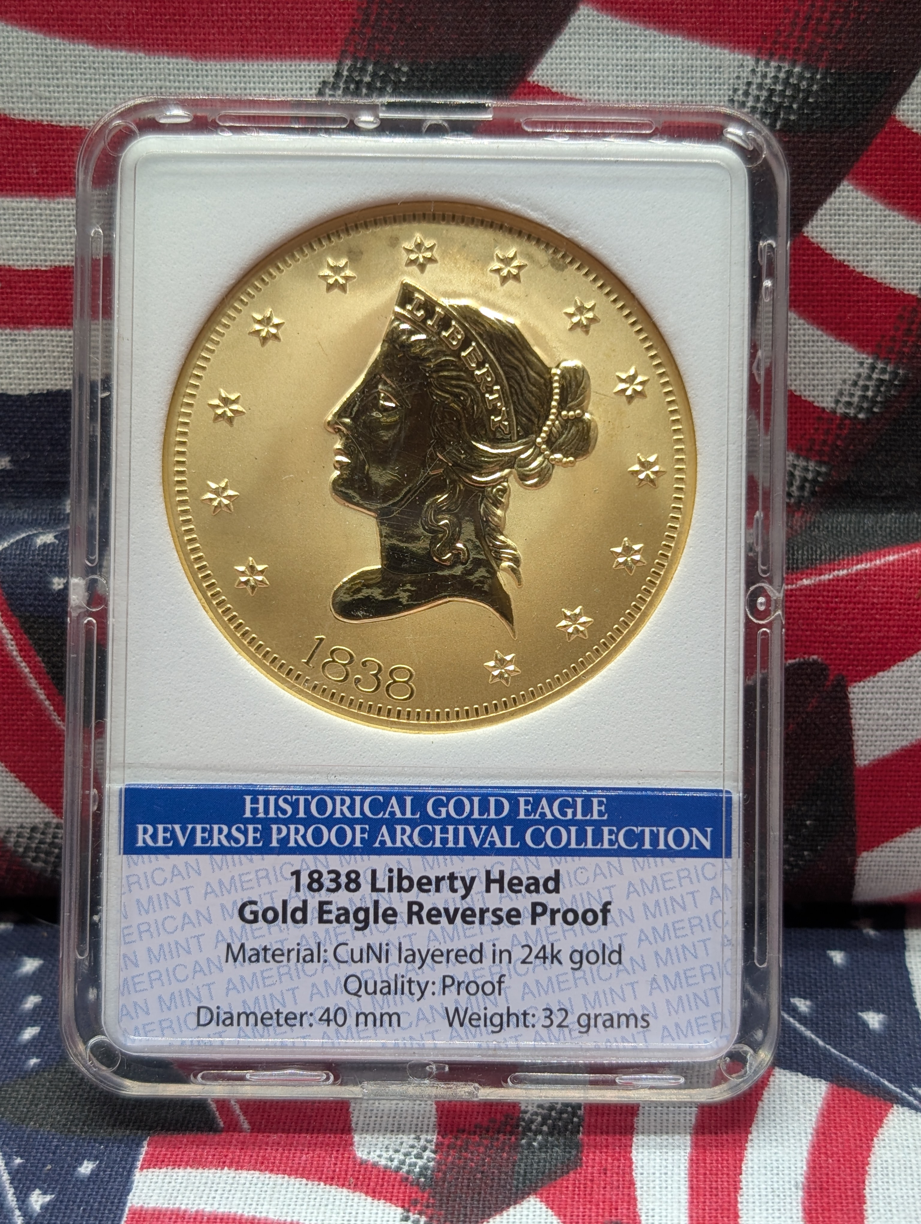 American Mint 1838 Liberty Head Gold Eagle Reverse Proof Replica Coin 24kt Layered