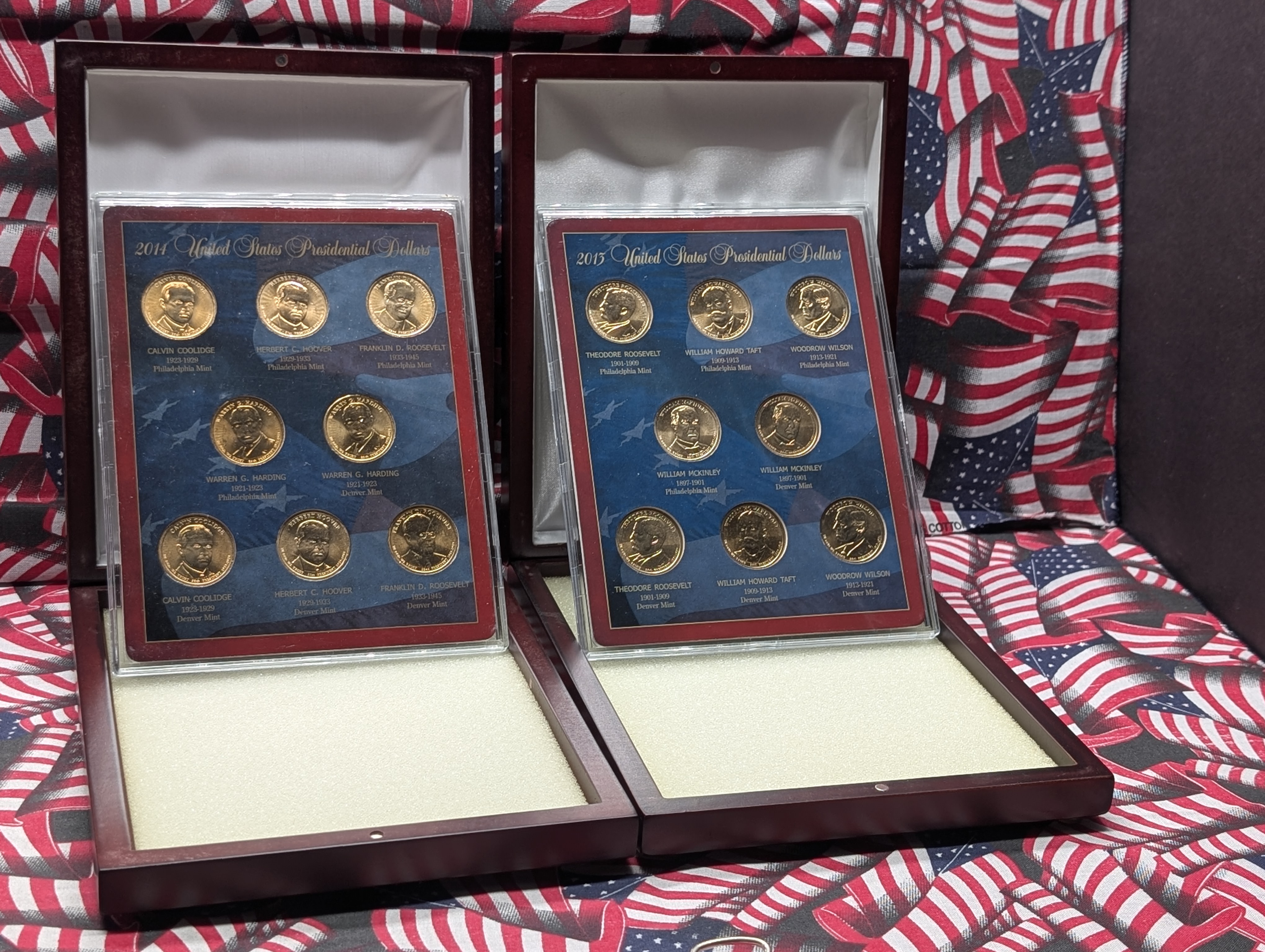 2013 & 2014 Collection of Presidential Dollars in Wooden Display Boxes w/ COA (2 Sets) 16 Coins Total
