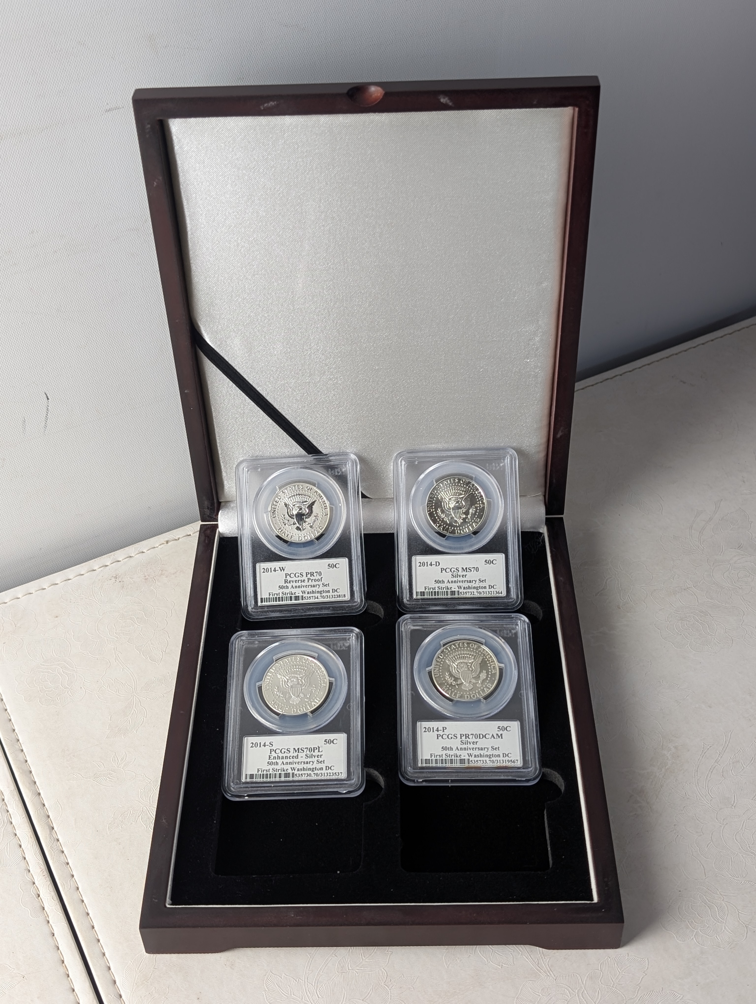2014-W Reverse Proof PR70, 2014-D MS70, 2014-S Enhanced MS70PL & 2014-P PR70 DCAM - All Kennedy Silver Half Dollars - PCGS 50th Anniv. Set F
