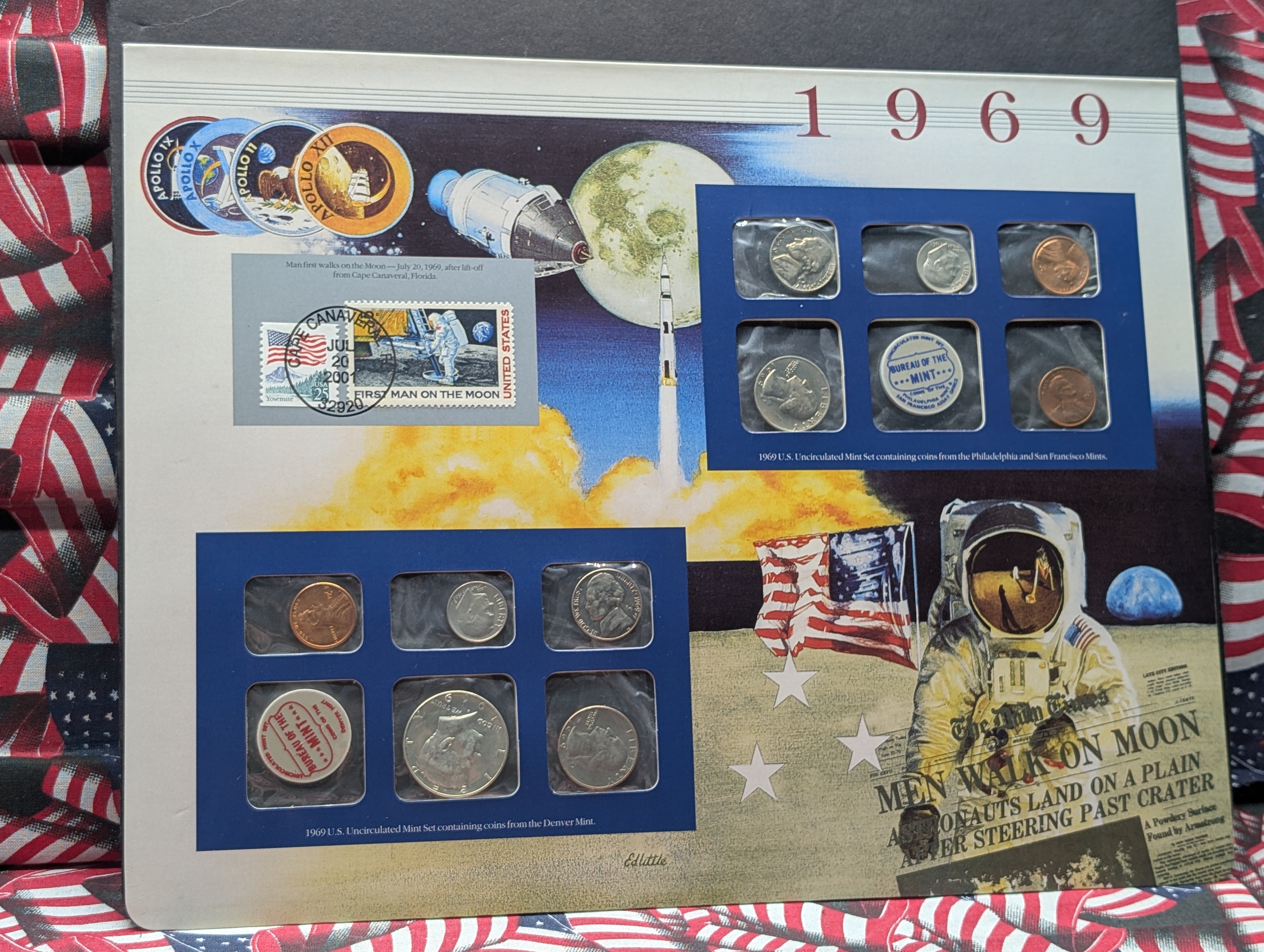 1969-P, D, & S Mint Set and Info Card Including 2 Stamps - Contains 40% Kennedy Half Dollar