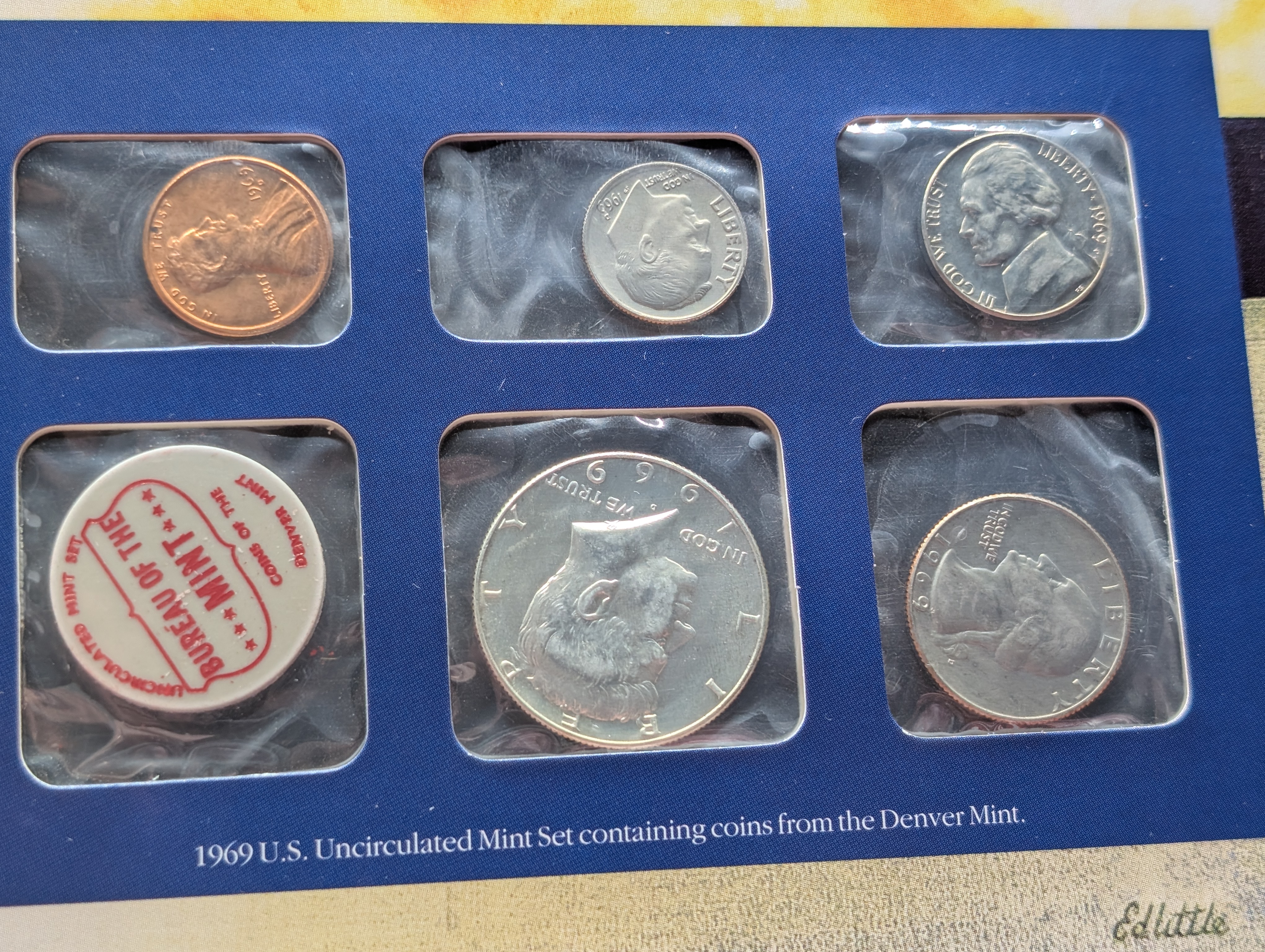 1969-P, D, & S Mint Set and Info Card Including 2 Stamps - Contains 40% Kennedy Half Dollar