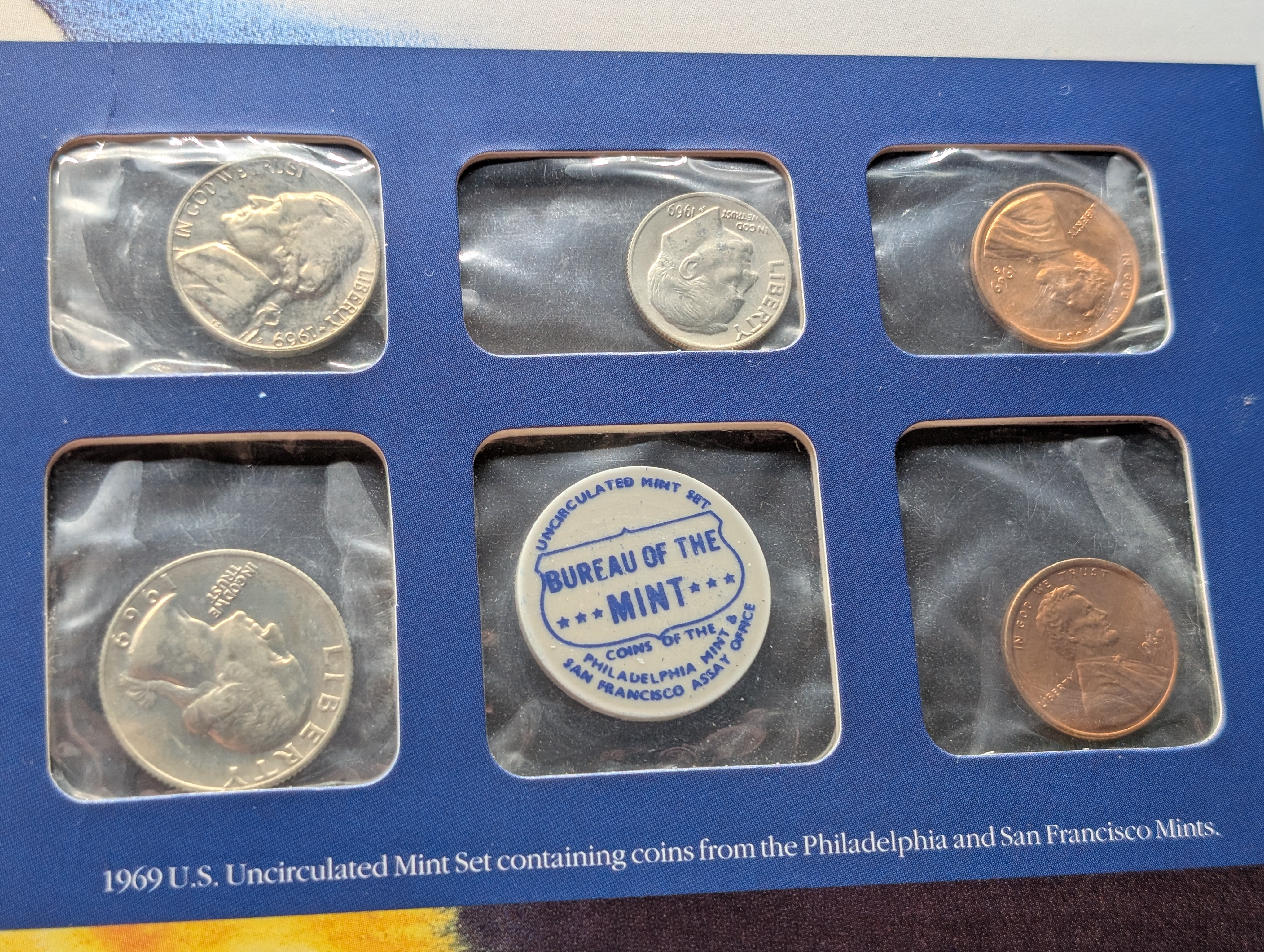 1969-P, D, & S Mint Set and Info Card Including 2 Stamps - Contains 40% Kennedy Half Dollar
