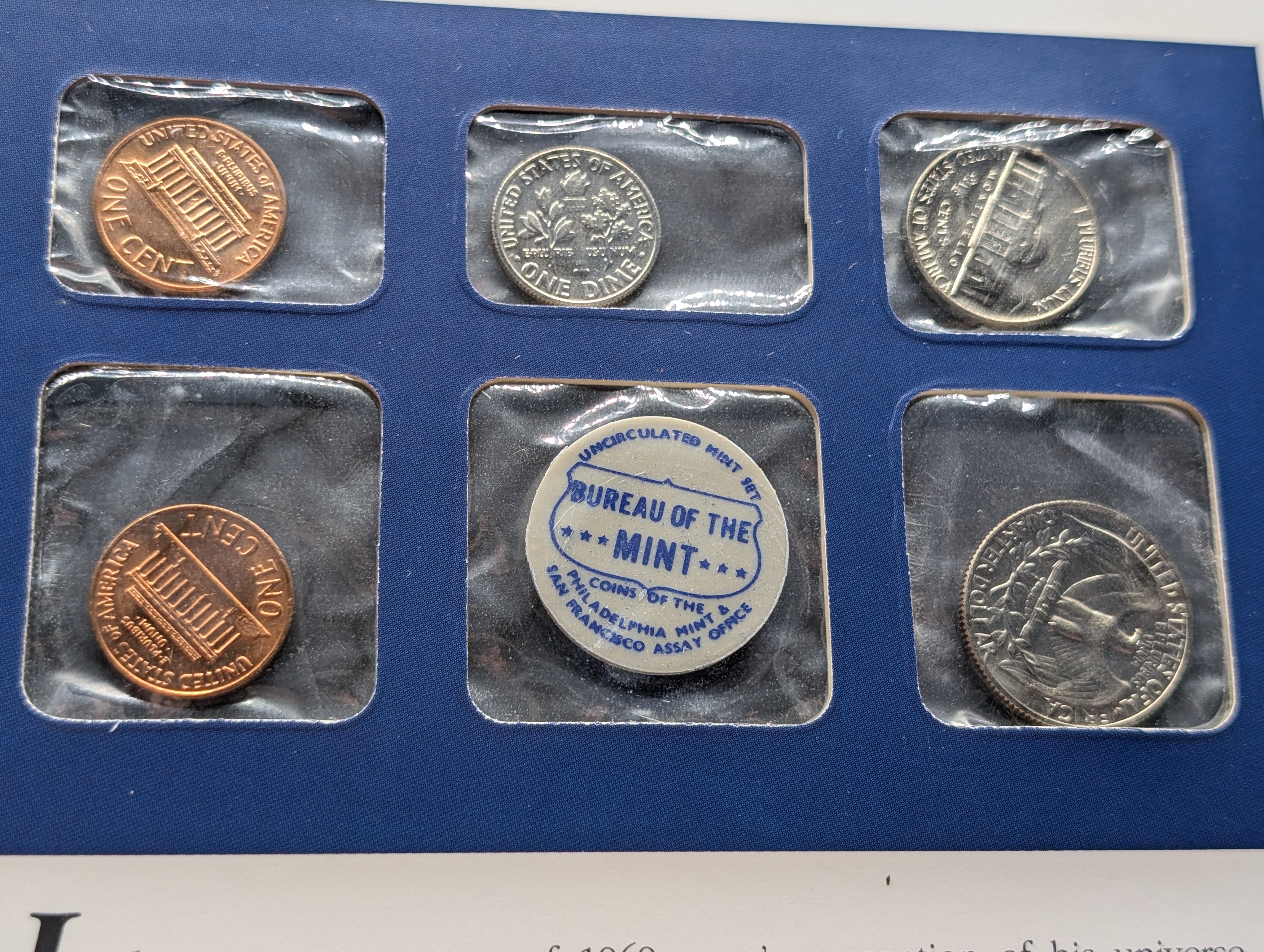1969-P, D, & S Mint Set and Info Card Including 2 Stamps - Contains 40% Kennedy Half Dollar